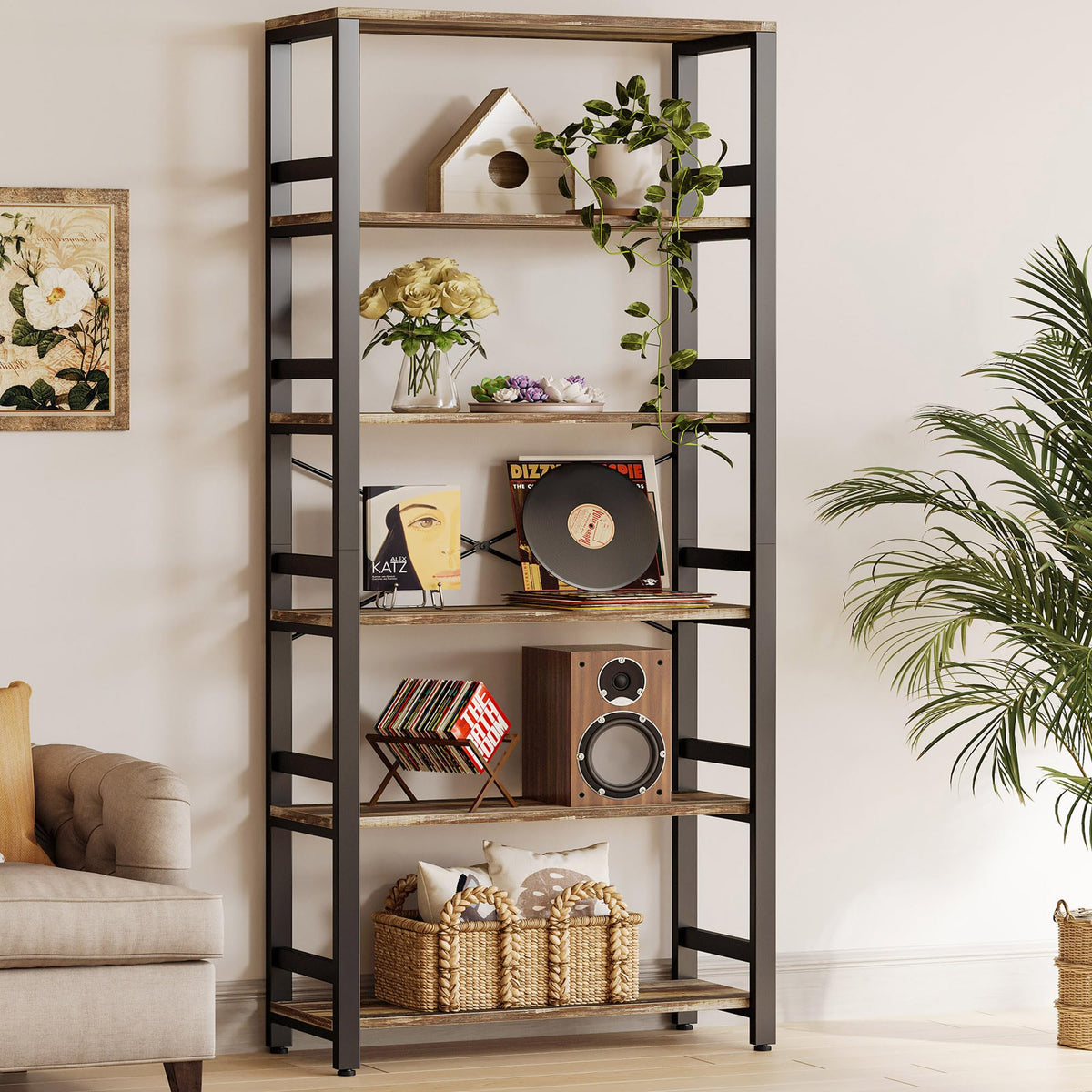 IRONCK Bookshelf, 31.5in Wide Shelf 6 Tier Bookcase, 110lbs/shelf Vintage Industrial Style Bookshelves for Bedroom, Living Room and Home Office, Industrial Brown