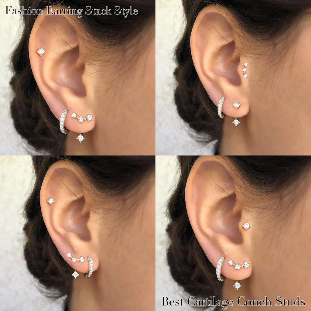 3 Pairs Dainty Small Earrings Set for Women Trendy, Birthstone Stud Huggie Hoop Jacket Stack for Cartilage Helix, Gold Plated Hypoallergenic Cute Women Fashion Accessories Western Jewelry Gifts