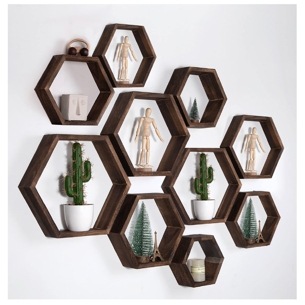 WONFUlity Hexagon Shelves for Wall Mounted, Wood Farmhouse Storage Honeycomb Floating Shelves for Wall Decor,Screws Anchors Included,5pc
