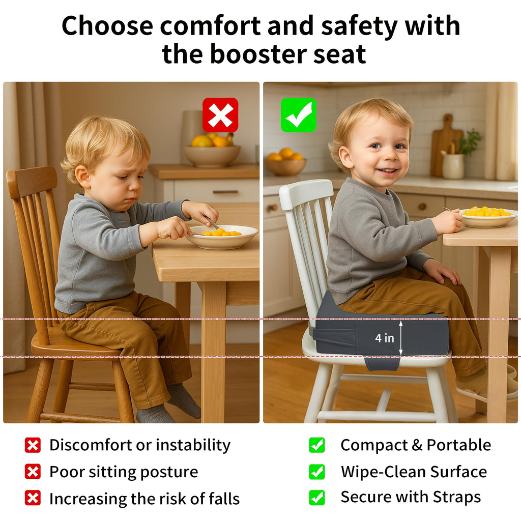 Toddler Booster Seat for Dining Table – PU Washable Cushion with Double Safe Straps, Non-Slip Bottom, Portable Travel Booster Seat for Toddlers (Dark Brown)