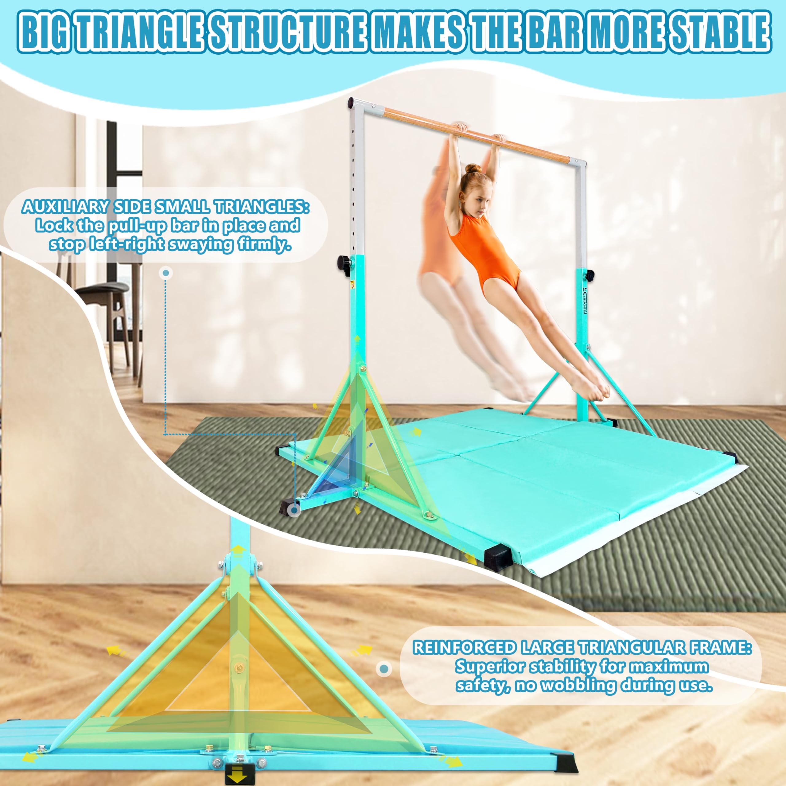 FC FUNCHEER Gymnastics Bar for Kids Ages 3-15, 35" to 60" Adjustable Height, 4FT Wide Base - Professional Kip Bar with 360° Stability & Fiberglass Crossbar, Easy Fold&Solid Design for Home Training