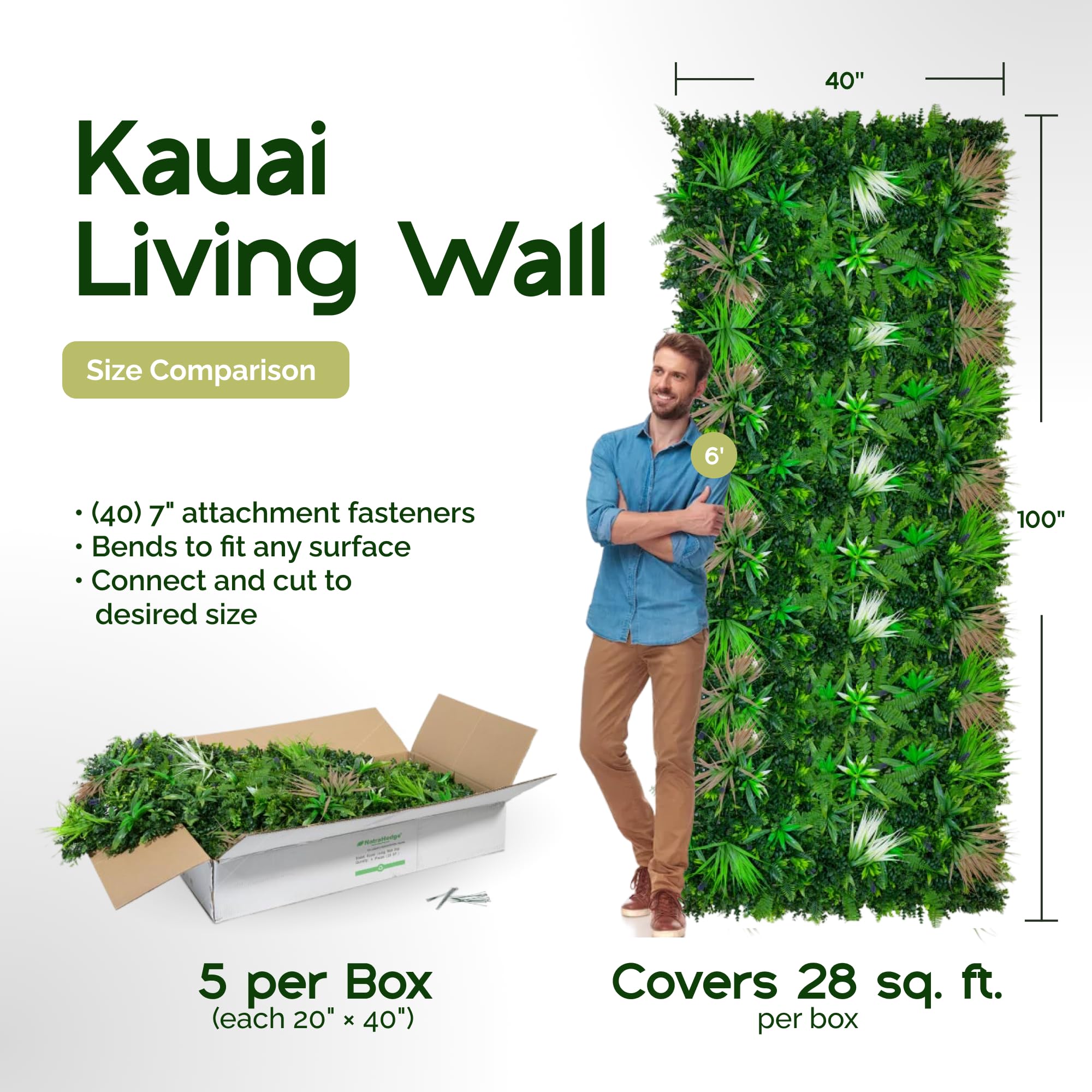 NatraHedge 20''X40'' Artificial Kauai Living Wall Grass Wall Decor, 5Pcs (28SqFt) Hedge Leaf Grass Panels for Indoor, Outdoor, Garden and Balcony Privacy Fence Screen