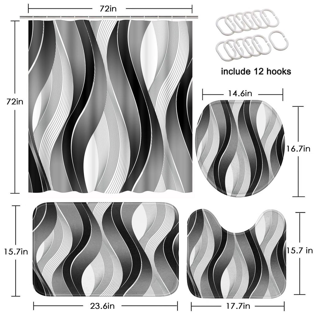 Beige Geometric Shower Curtain Set with Toilet Lid Cover and Non-Slip Rugs for Bathroom, Black Grey White Checkered 4 Pcs Shower Curtain, Modern Abstract Bathroom Set with 12 Hooks