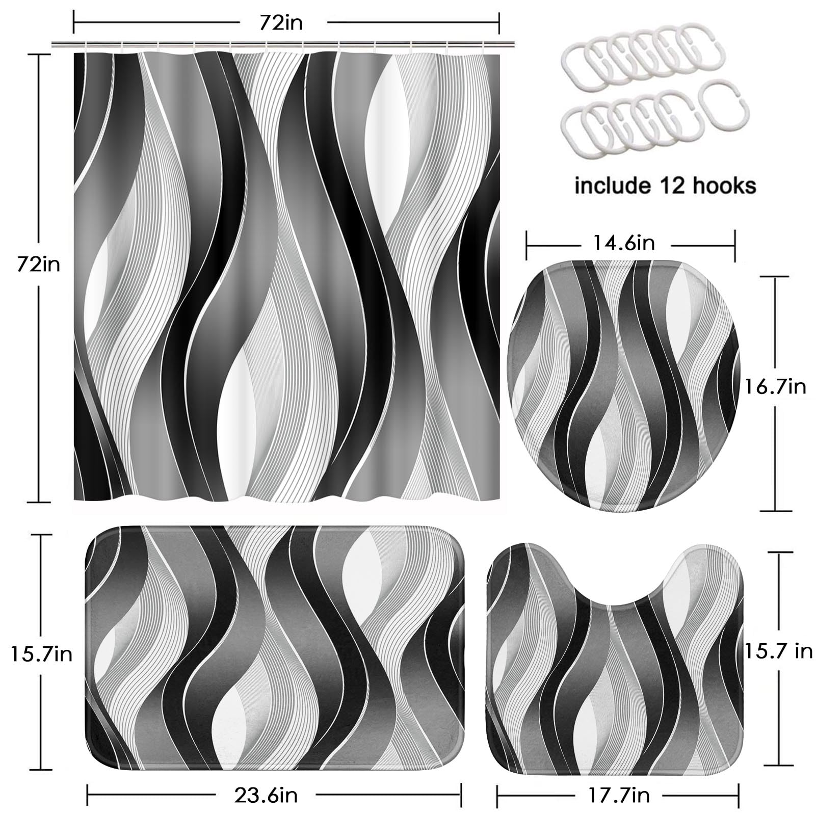 Beige Geometric Shower Curtain Set with Toilet Lid Cover and Non-Slip Rugs for Bathroom, Black Grey White Checkered 4 Pcs Shower Curtain, Modern Abstract Bathroom Set with 12 Hooks