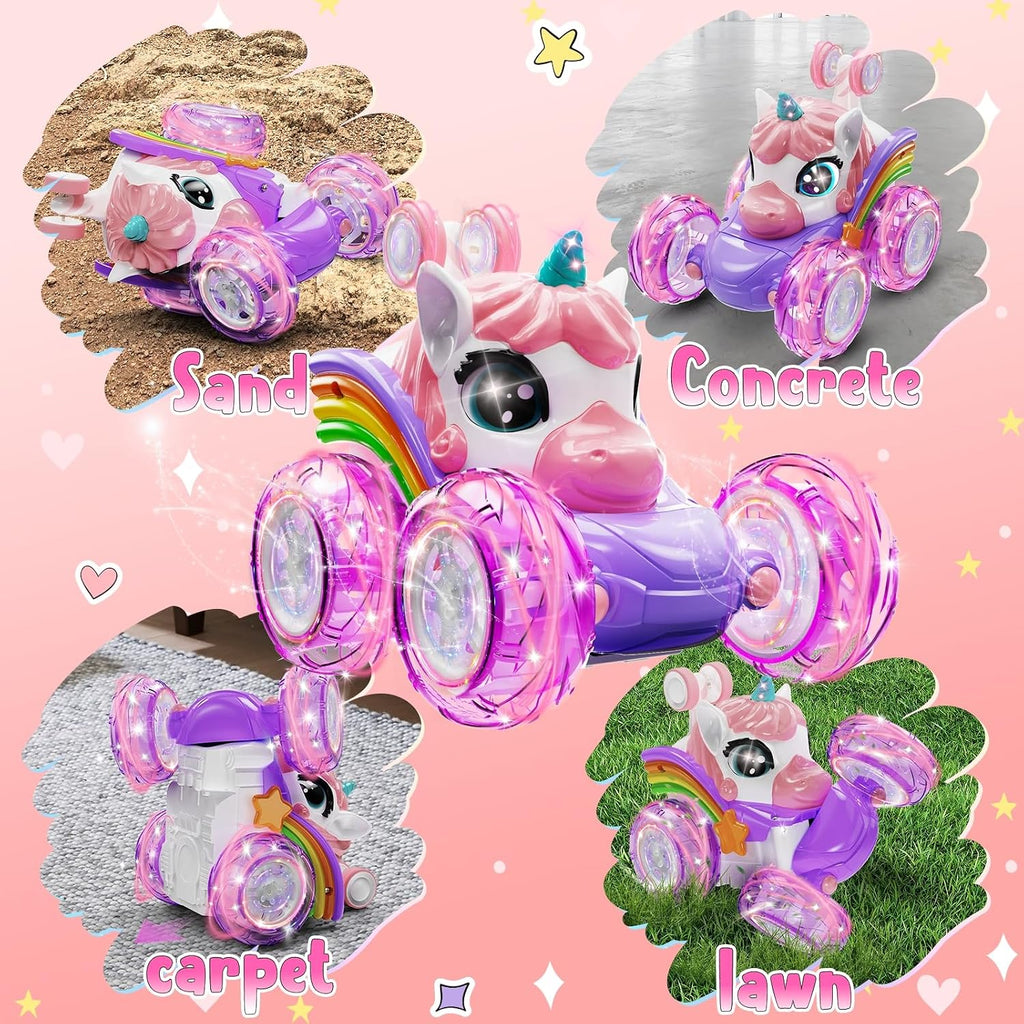 Kikikid Unicorn Remote Control Car for Girls, 360° Rotating 4WD Stunt RC Cars with Cute Lights, Rechargeable Car Toys Birthday Gifts for Kids Girl Age 3 4-6 6-8