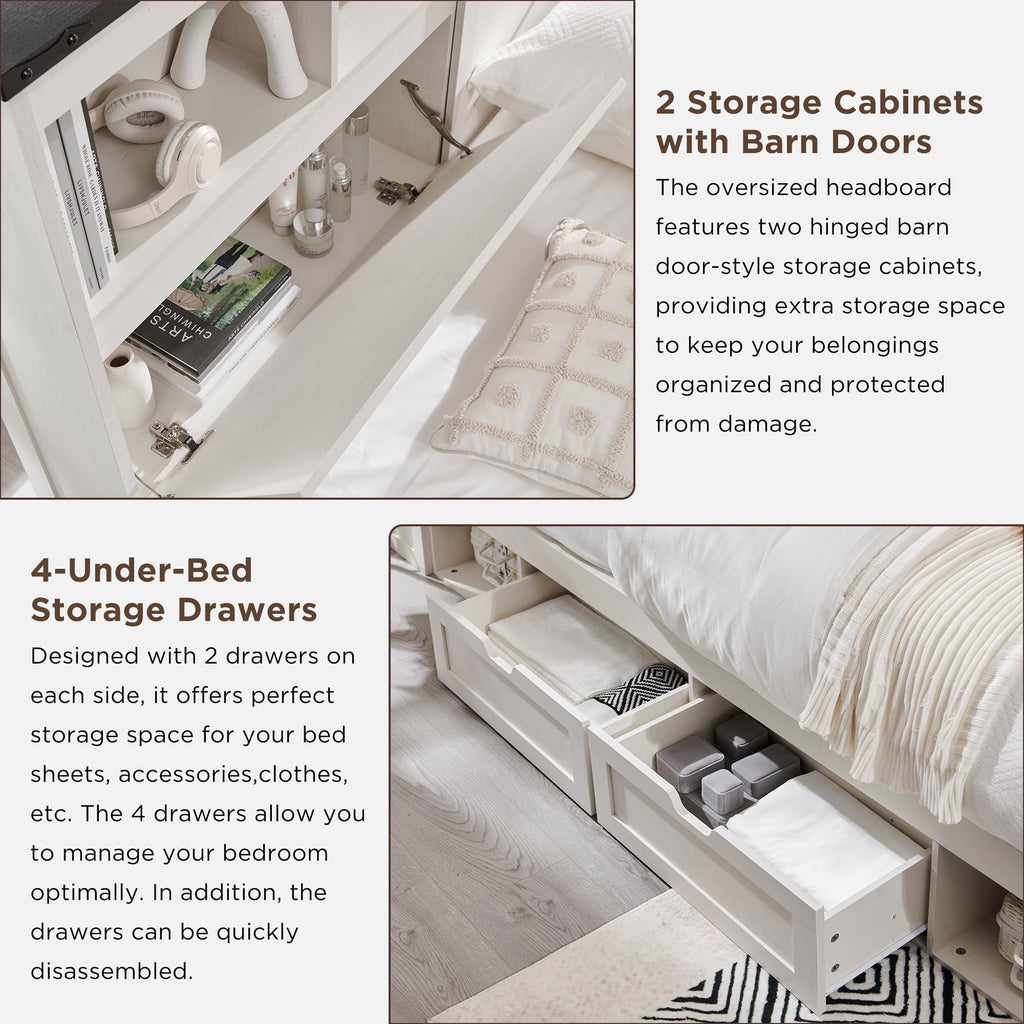 ACCOHOHO Queen Size Wood Bed Frame Farmhouse with 52" Tall Storage Bookcase Headboard, LED Light,Charging Station,4 Drawers and Solid Wood Slats Support,Noiseless,No Box Spring Needed - Black