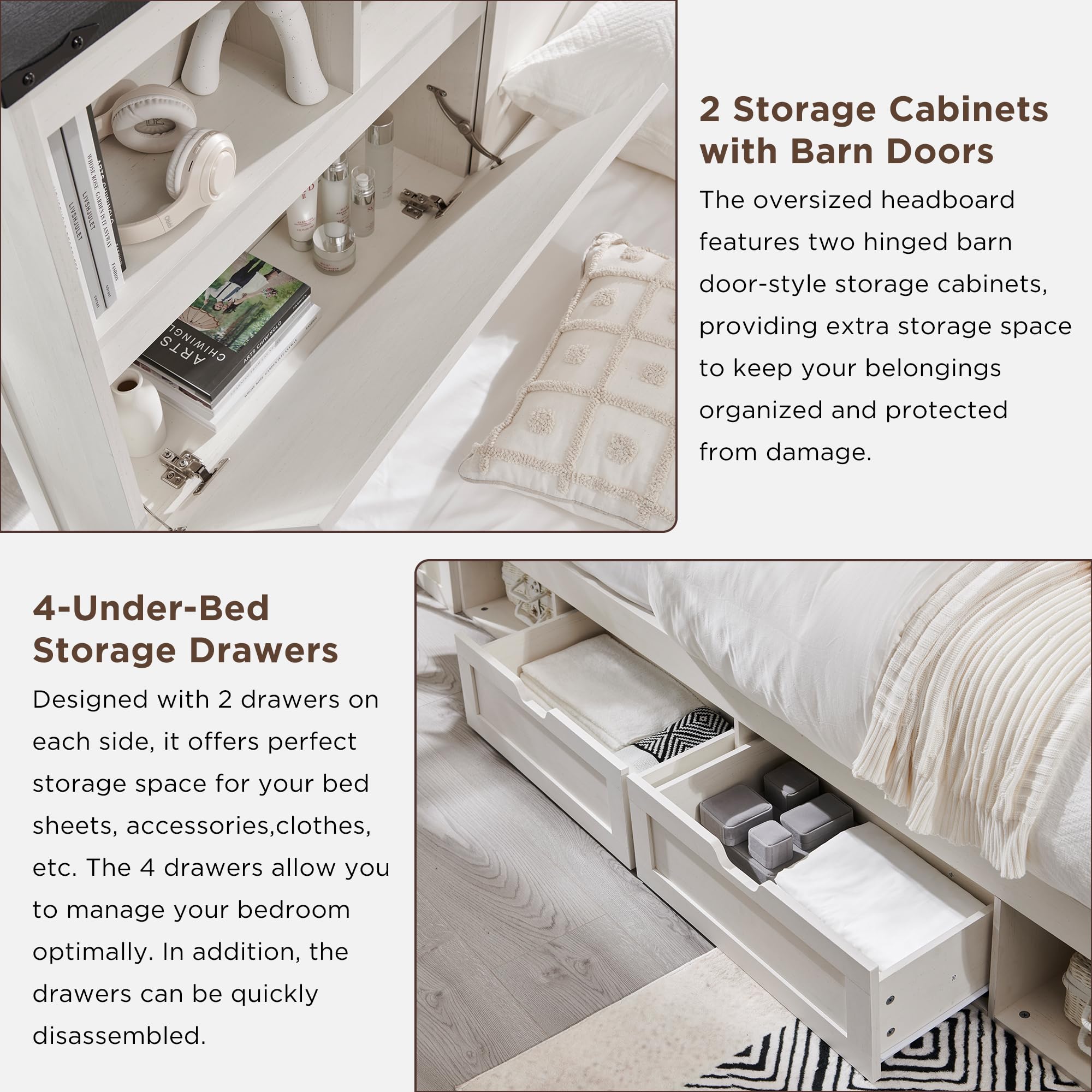 ACCOHOHO Queen Size Wood Bed Frame Farmhouse with 52" Tall Storage Bookcase Headboard, LED Light,Charging Station,4 Drawers and Solid Wood Slats Support,Noiseless,No Box Spring Needed - Black