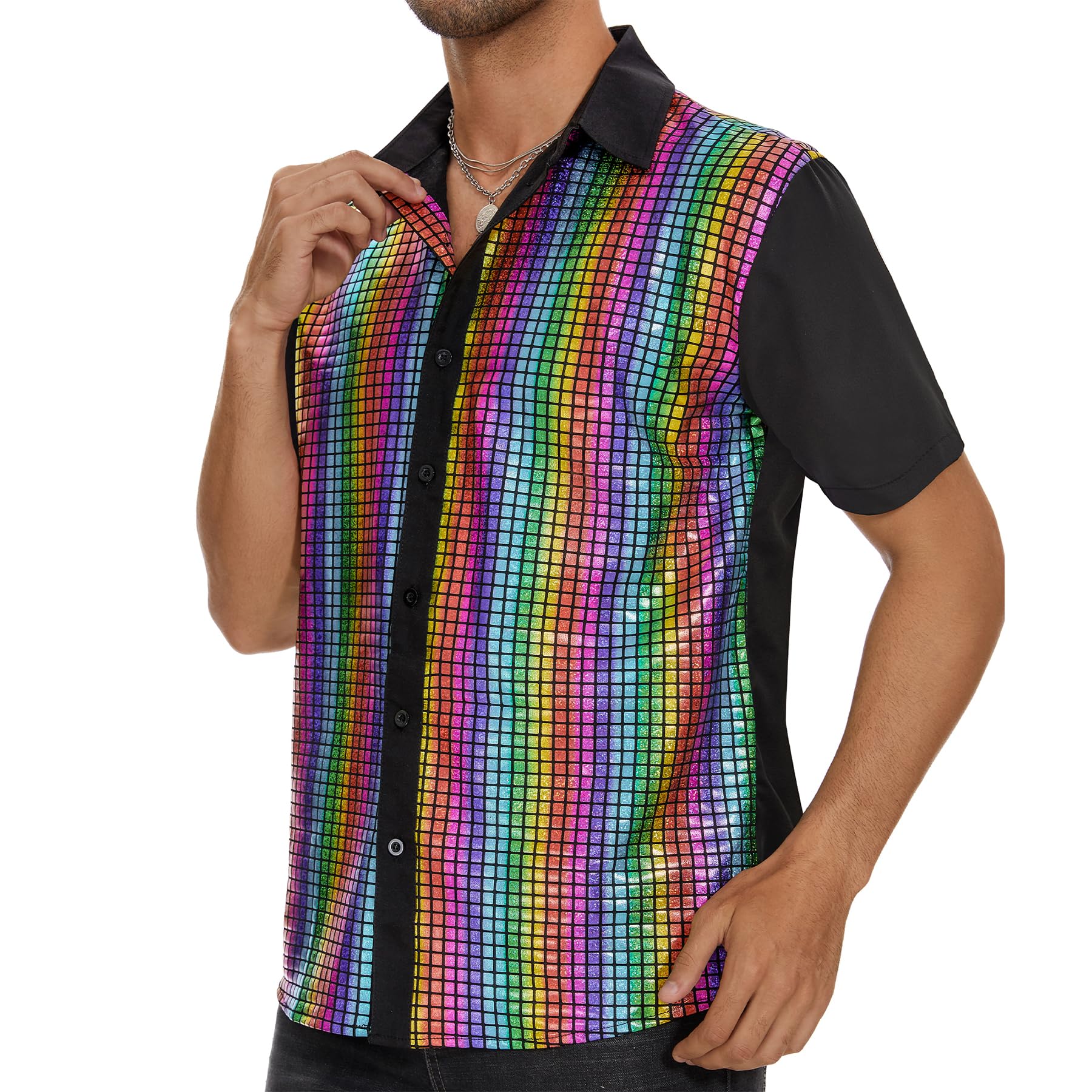 Zando Men's Sequin 70s 80s Disco Shirt - Retro Short Sleeve Button Up Costume Halloween New Year Party Outfit Top & Clubwear