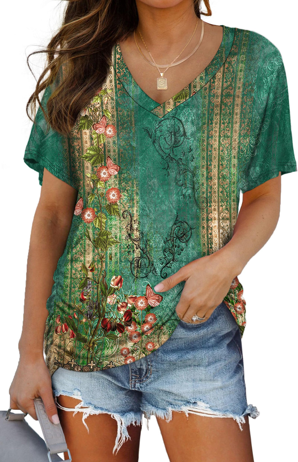 WIHOLL Womens Summer T-Shirts Short Sleeve V Neck Dolman Tops with Side Shirring Loose Fit Shirts Spring Fashion
