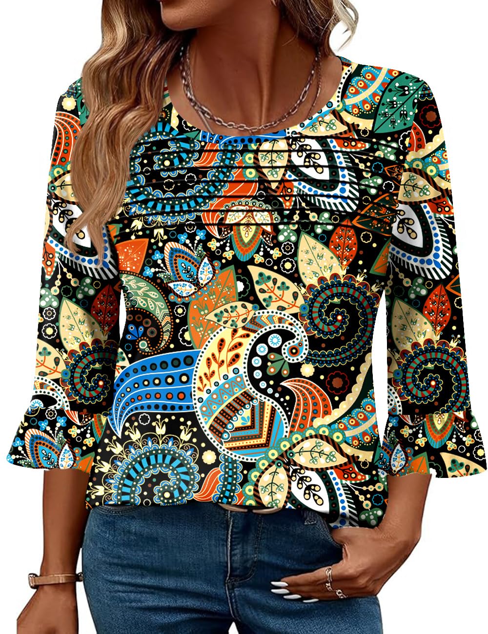 Blingfit Womens Tops 3/4 Length Sleeve Dressy Casual Shirts Bell Sleeve Front Pleated Fasion Trendy Summer Blouses 2026