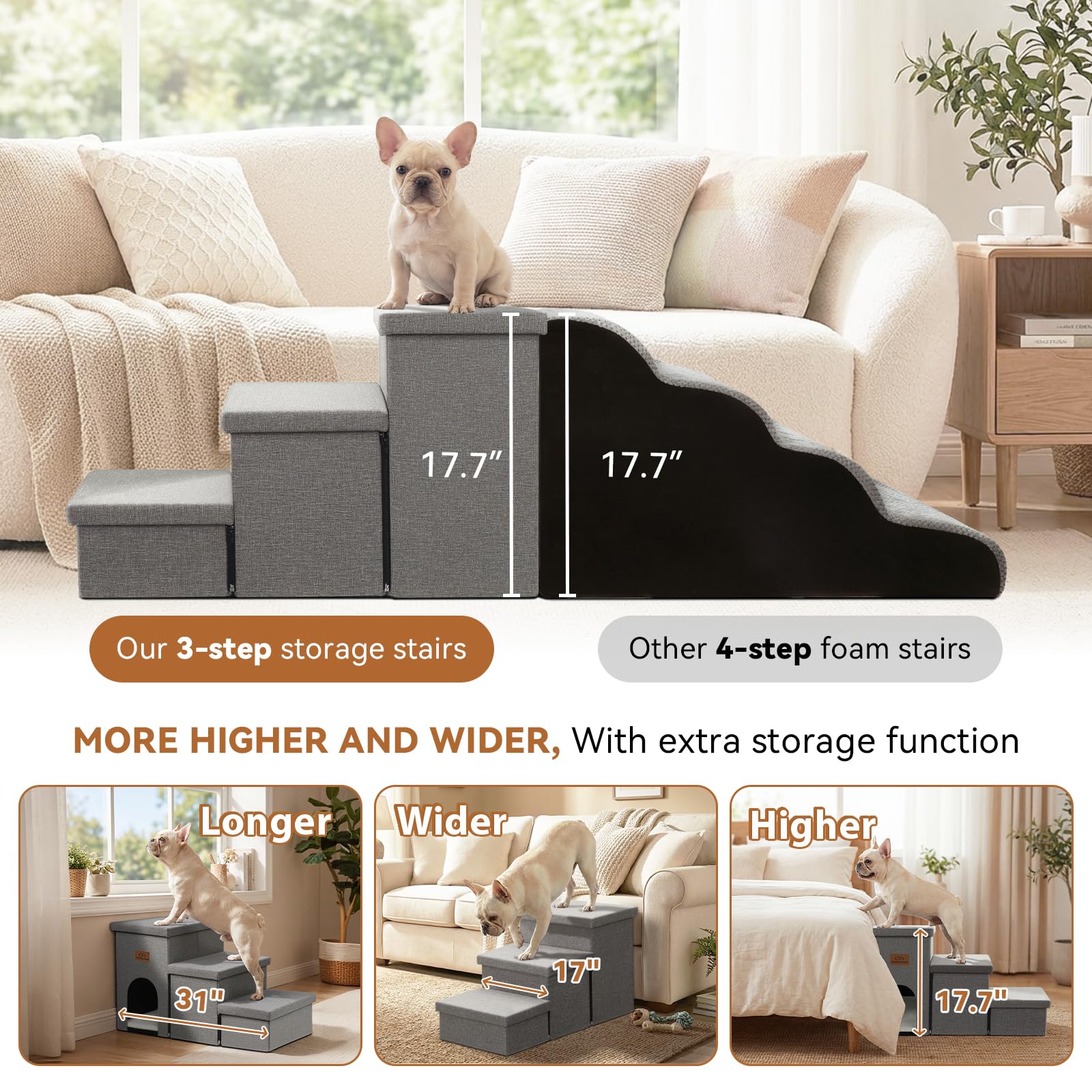 Zerbuger Dog Stairs with Condo 15" H, 2-Step Wider Dog Steps for Small/Medium/Large Old Dogs Cats, Folding Sturdy Storage Pet Stairs Climbing Bed Couch, Ramp for Car Hold Up to 150 lbs, Beige
