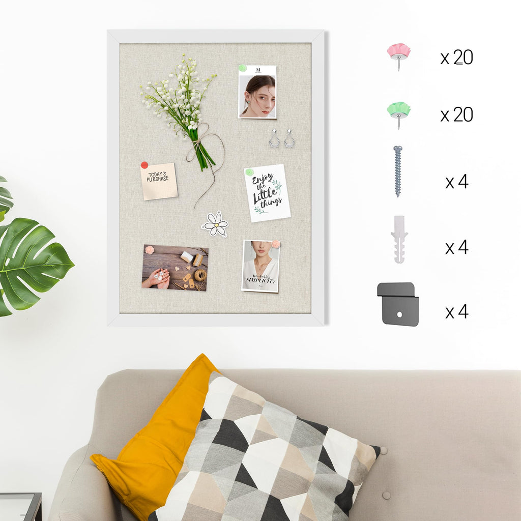 Black Cork Board Bulletin Board with Linen, Wood Framed 30" x 20" Corkboard, Office Board for Wall Decor, Wall Mounted Pin Board Picture Board with 20 Pushpins for School, Home & Office