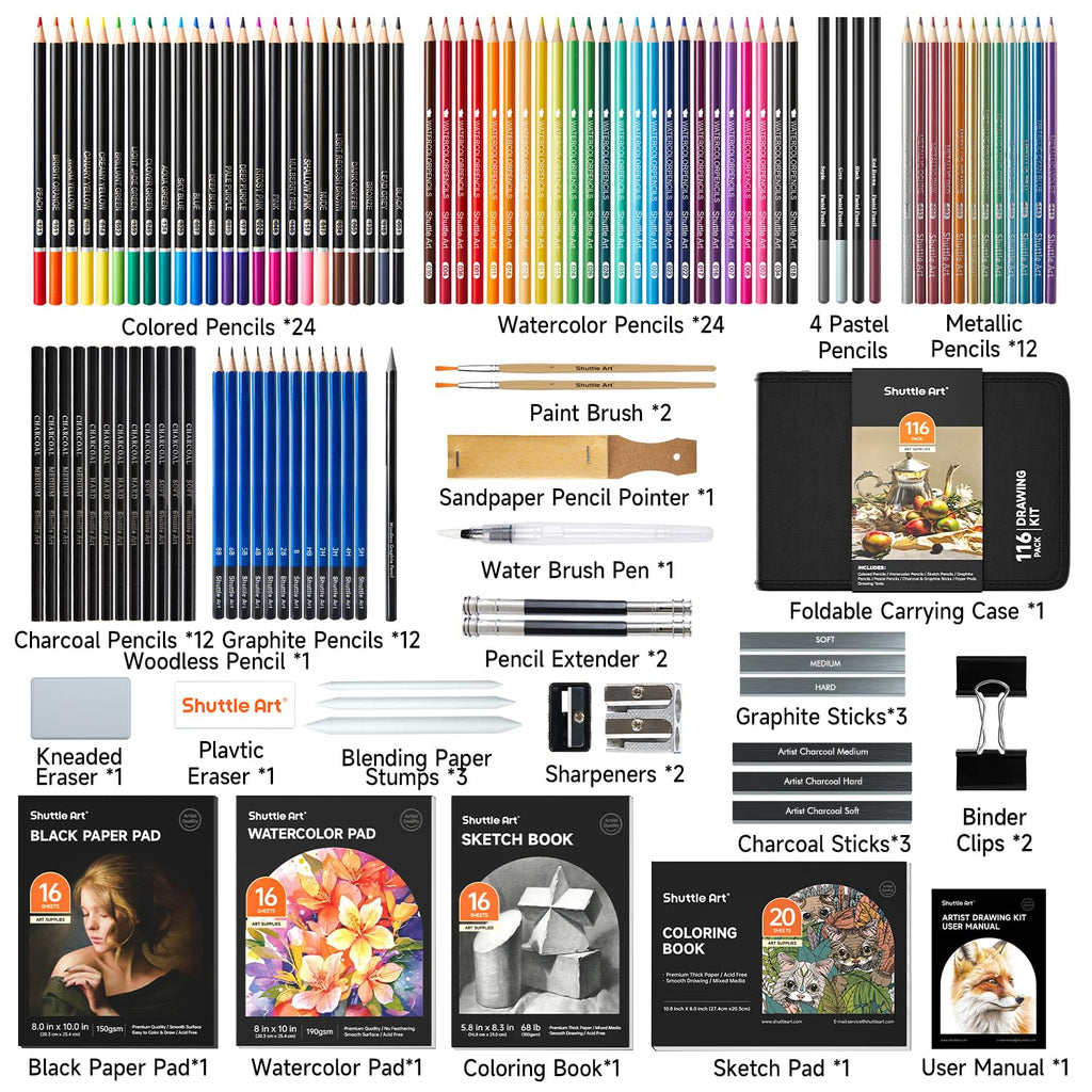 Shuttle Art 103 PCS Drawing Kit, Professional Drawing Supplies with Sketch, Charcoal, Colored, Graphite, Pastel Pencils & Sticks, Complete Drawing Tools and Paper Pads in Zipper Case for Artists&Kids
