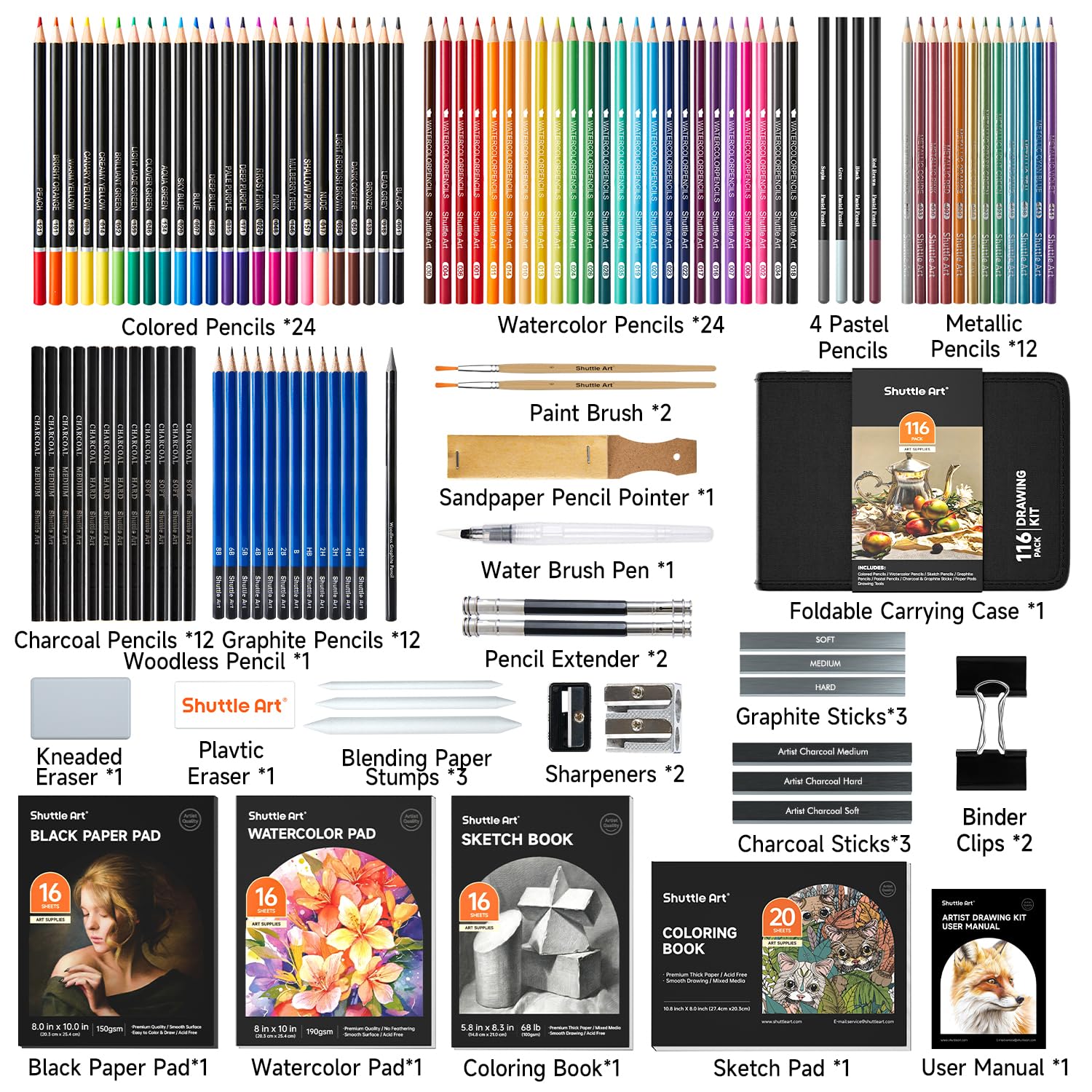 Shuttle Art 103 PCS Drawing Kit, Professional Drawing Supplies with Sketch, Charcoal, Colored, Graphite, Pastel Pencils & Sticks, Complete Drawing Tools and Paper Pads in Zipper Case for Artists&Kids
