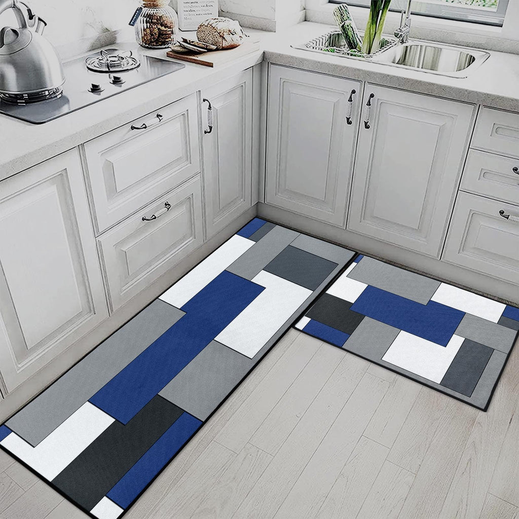 Blue Kitchen Rugs and Mats Non Skid Washable Set of 2, Grey White Modern Abstract Mats for Floor, Geometric Painting Runner Rug Graffiti Art Kitchen Decor