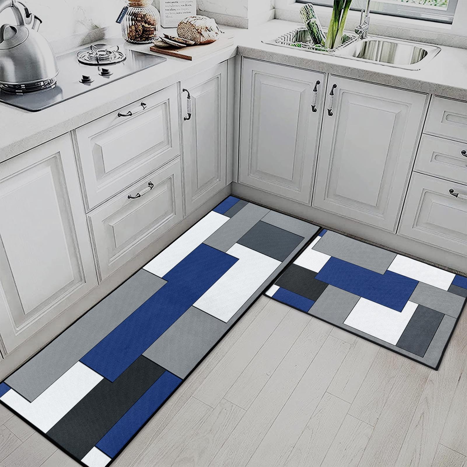 Blue Kitchen Rugs and Mats Non Skid Washable Set of 2, Grey White Modern Abstract Mats for Floor, Geometric Painting Runner Rug Graffiti Art Kitchen Decor
