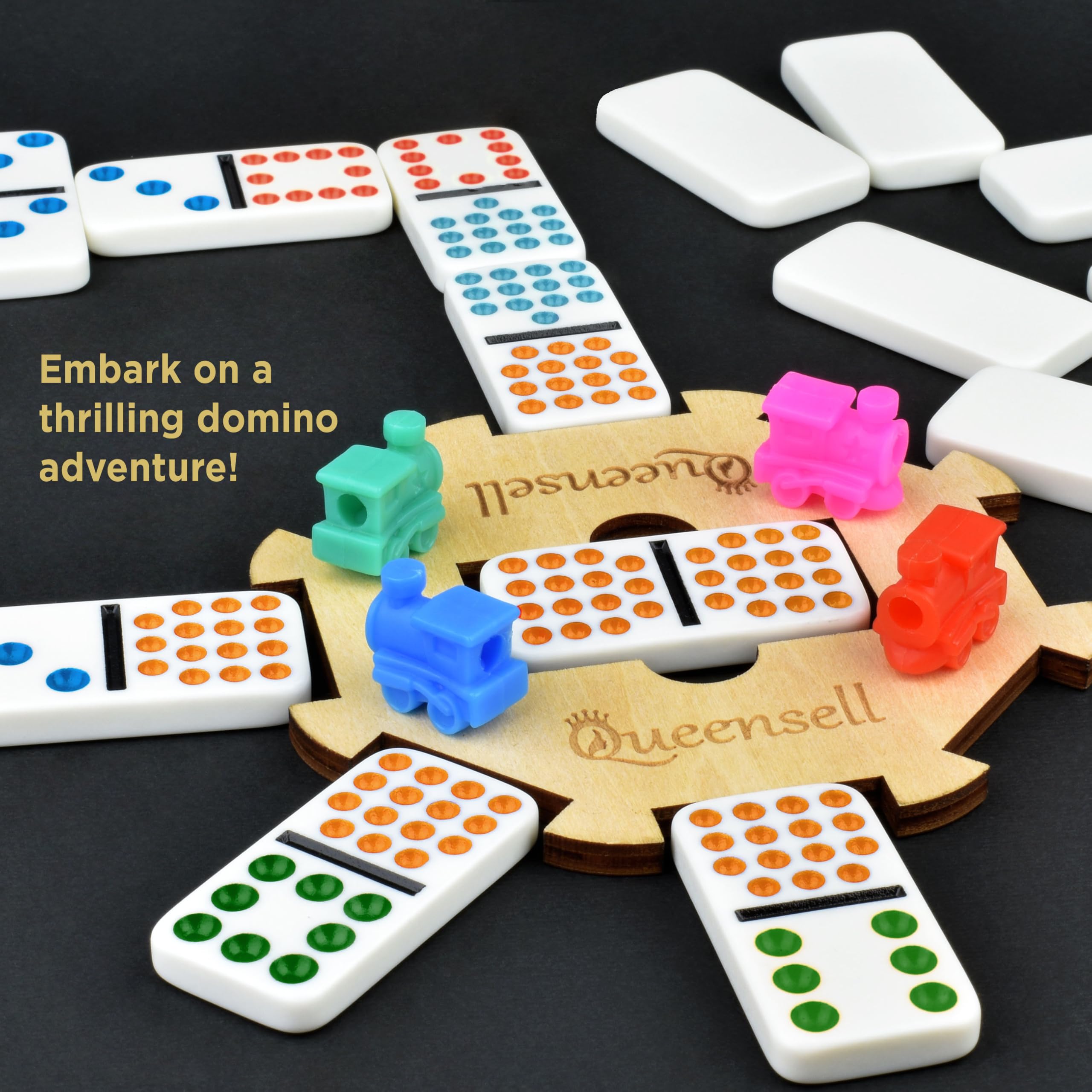Queensell Mexican Train Dominoes Set Double 15 for Adults and Family, Mexican Train Double 15 Dominoes Set Colored Dot - 136 Tiles, 9 Trains, Wooden Hub, Aluminum Case (Double 15)