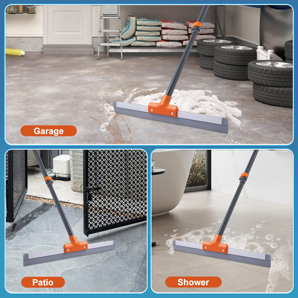 CLEANHOME Rubber Floor Squeegee for Concrete Floor, Tile Floor, Metal Aluminium Heavy Duty Garage Shower Floor Squeegee Broom for Removing Water, Commercial Scrubber Mop with Extendable Long Handle