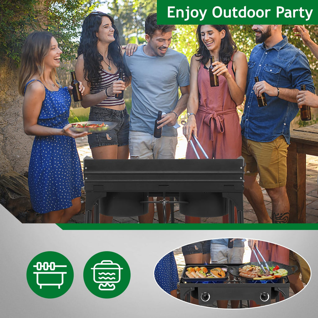Outvita 2 Burner Propane Gas Stove for Outdoor Cooking, 150,000 BTU Camping Cooker with Removable Legs, Temperature Control Knobs for Backyard Cooking, BBQ, Baking and Frying