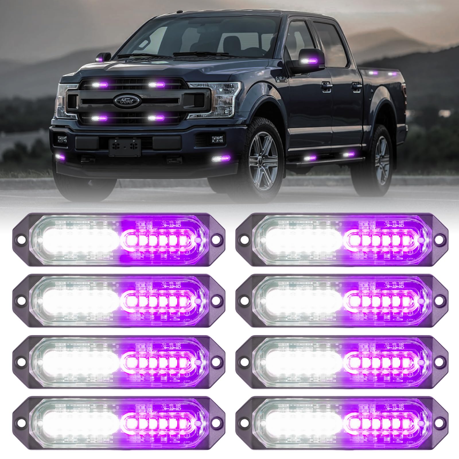 8-Pcs 12 LED Sync Feature Emergency Strobe Grille Lights Ultra Slim Surface Mount Hazard Warning Flashing Light Bar for Firefighter/Construction/Police/Trucks/Vehicles/Car/SUV (Amber/White)