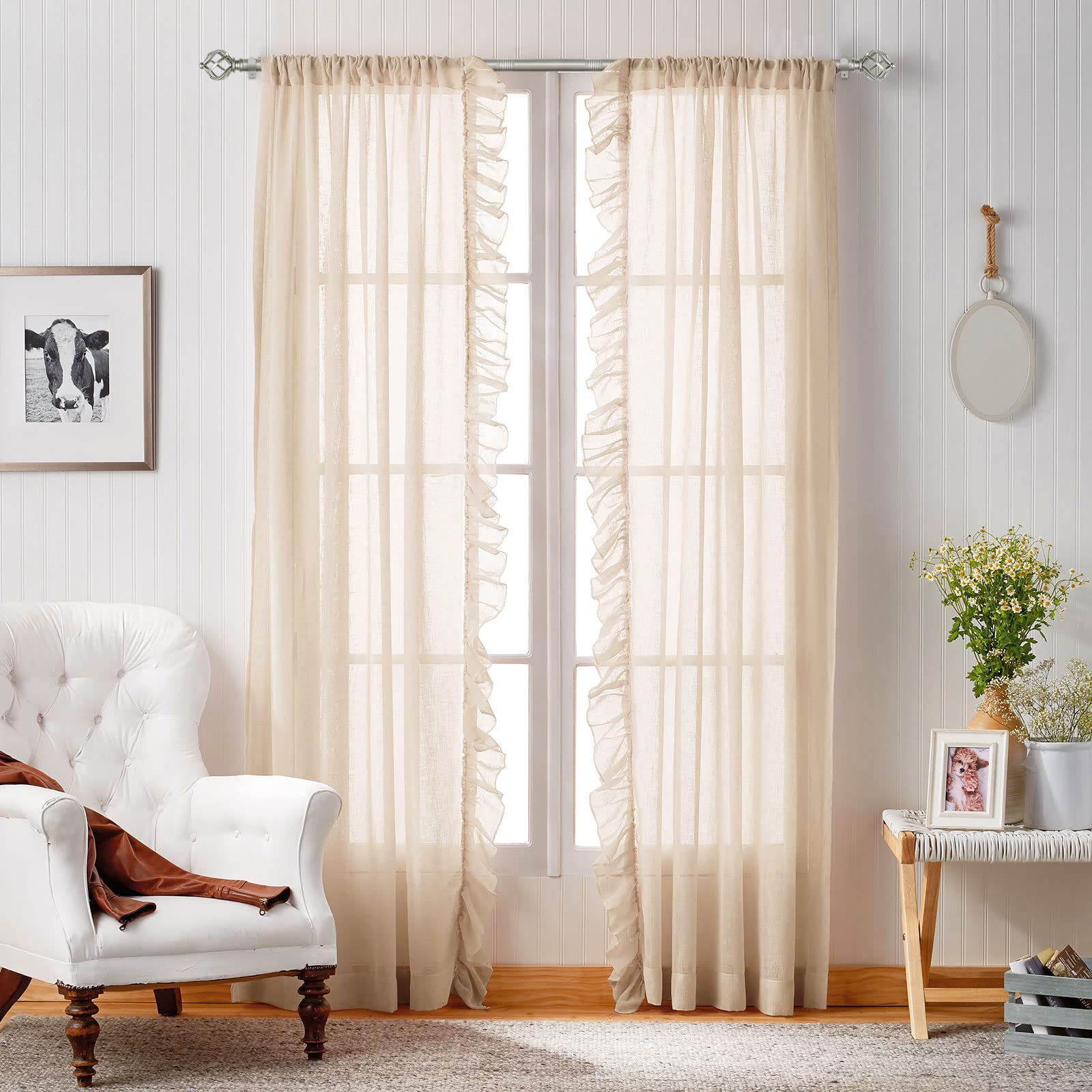 KAMANINA Silver Curtain Rod 32 to 58 Inch(2.6-4.8ft), Adjustable Curtain Rods for Windows 28 to 48 Inch, 3/4 Inch Splicing Drapery Rods with Twisted Cage Finial