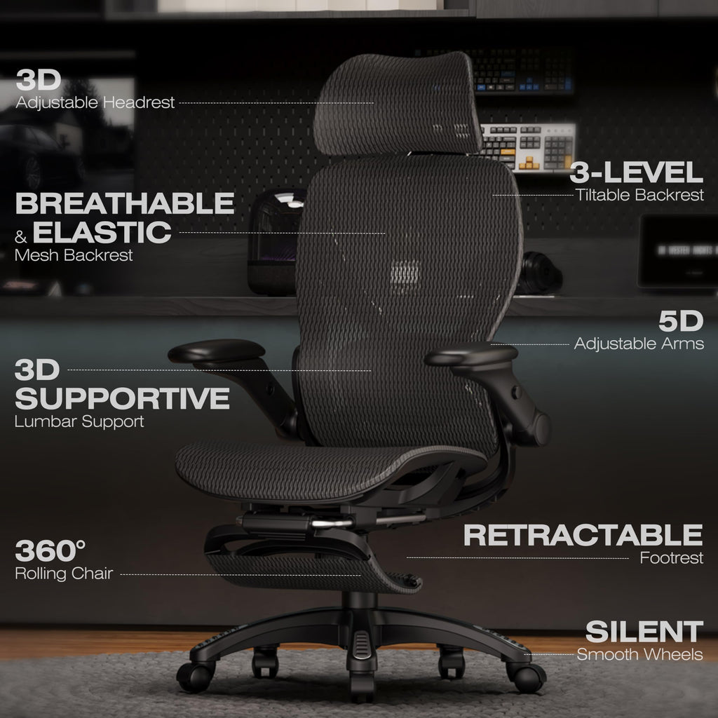 ELABEST X100 Ergonomic Office Chair with Footrest, Big and Tall Home Desk Chair with 5D Flip-Up Arms, Adjustable 3D Lumbar Support,High Back Rolling Computer Chair, Swivel Mesh Chairs (Coffee Break)