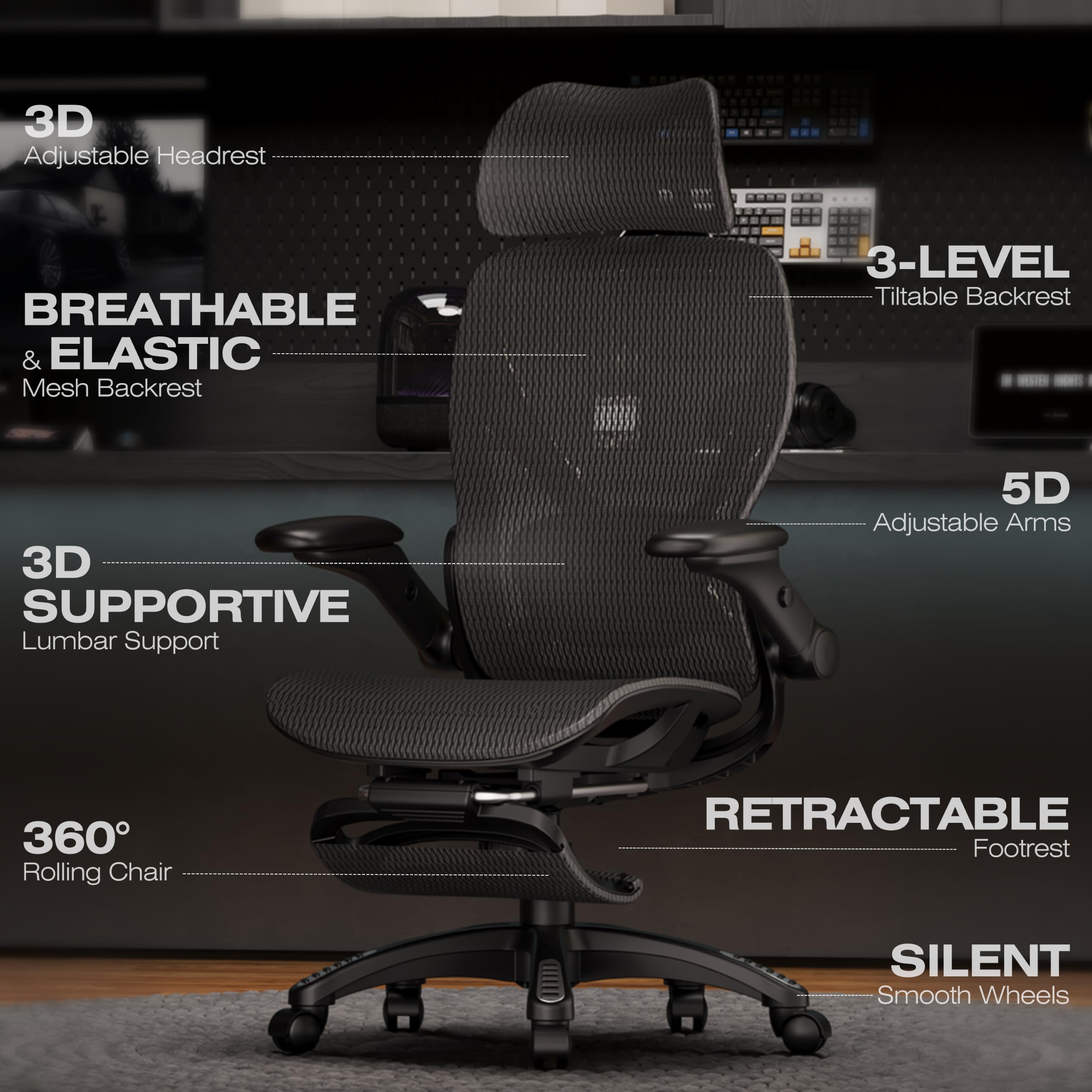 ELABEST X100 Ergonomic Office Chair with Footrest, Big and Tall Home Desk Chair with 5D Flip-Up Arms, Adjustable 3D Lumbar Support,High Back Rolling Computer Chair, Swivel Mesh Chairs (Coffee Break)