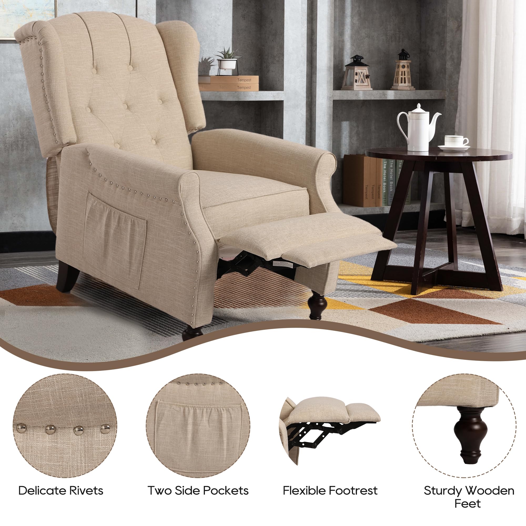 Wingback Chair with Massage and Heat, Tufted Fabric Pushback Recliner Chair, Wingback Recliner Chair with Remote Control, Padded Cushion, Wooden Legs, Small Recliners for Small Spaces
