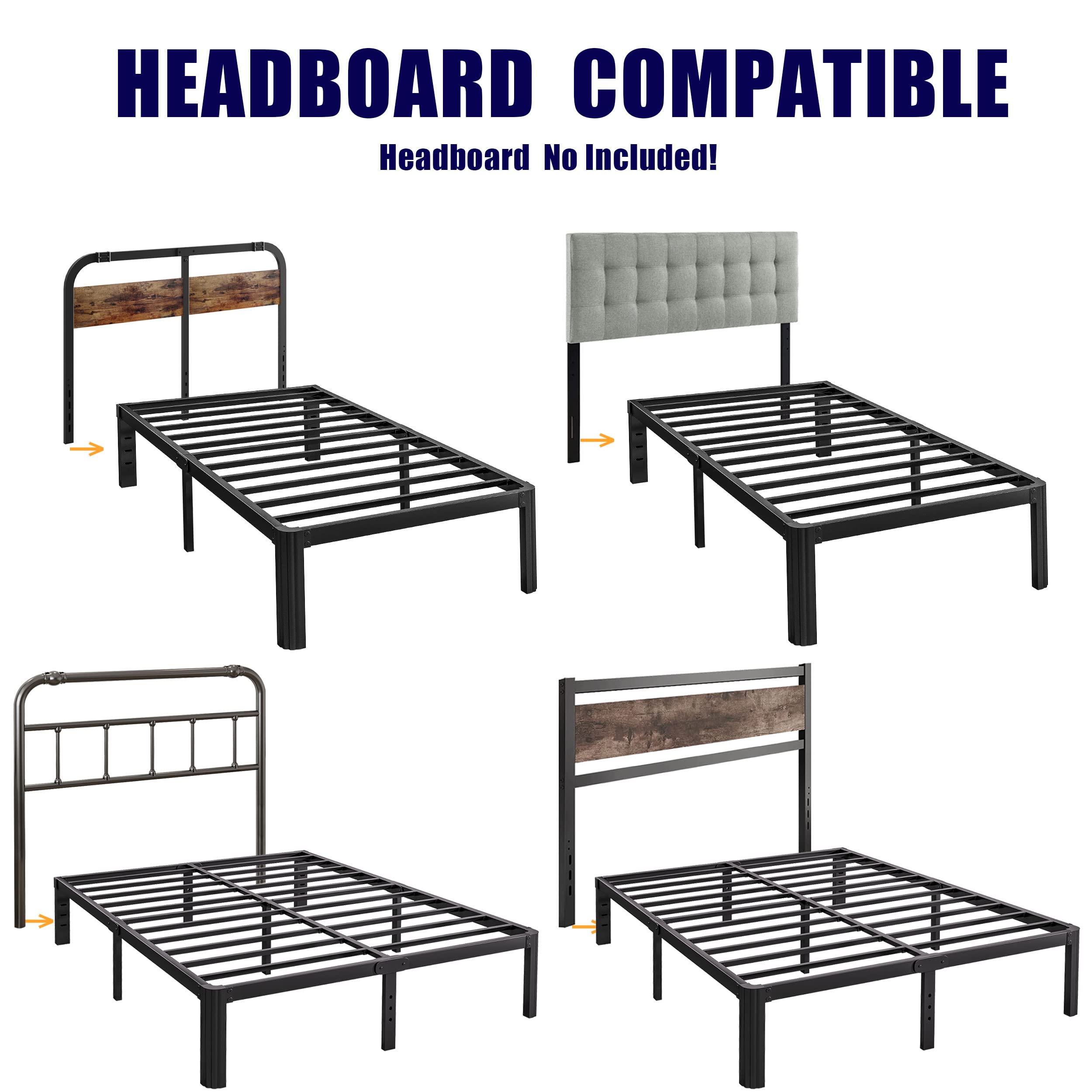 Hunlostten 16" Heavy Duty Twin Bed Frame No Box Spring Needed, Metal Platform Bed Frame Twin with Round Corners, Easy Assembly, Noise Free, Black