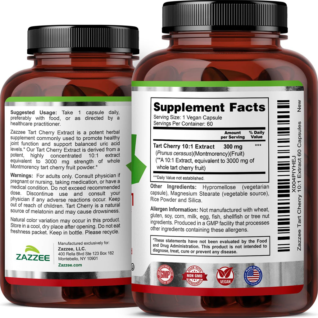 Zazzee Tart Cherry 10:1 Extract, 60 Vegan Capsules, 2 Month Supply, Montmorency Cherry, Certified Kosher, Joint & Uric Acid Support, Antioxidant Support Formula, Non-GMO, Made in the USA