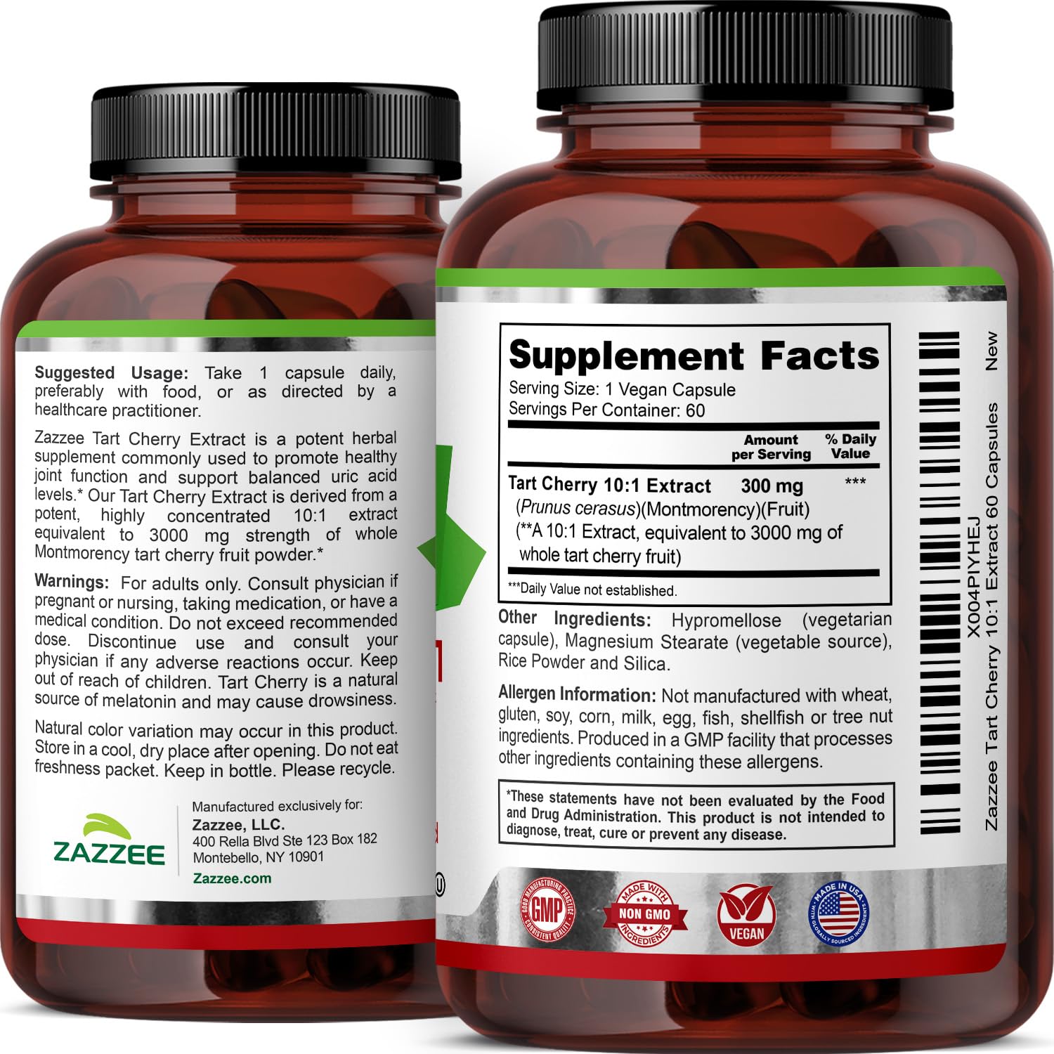 Zazzee Tart Cherry 10:1 Extract, 60 Vegan Capsules, 2 Month Supply, Montmorency Cherry, Certified Kosher, Joint & Uric Acid Support, Antioxidant Support Formula, Non-GMO, Made in the USA