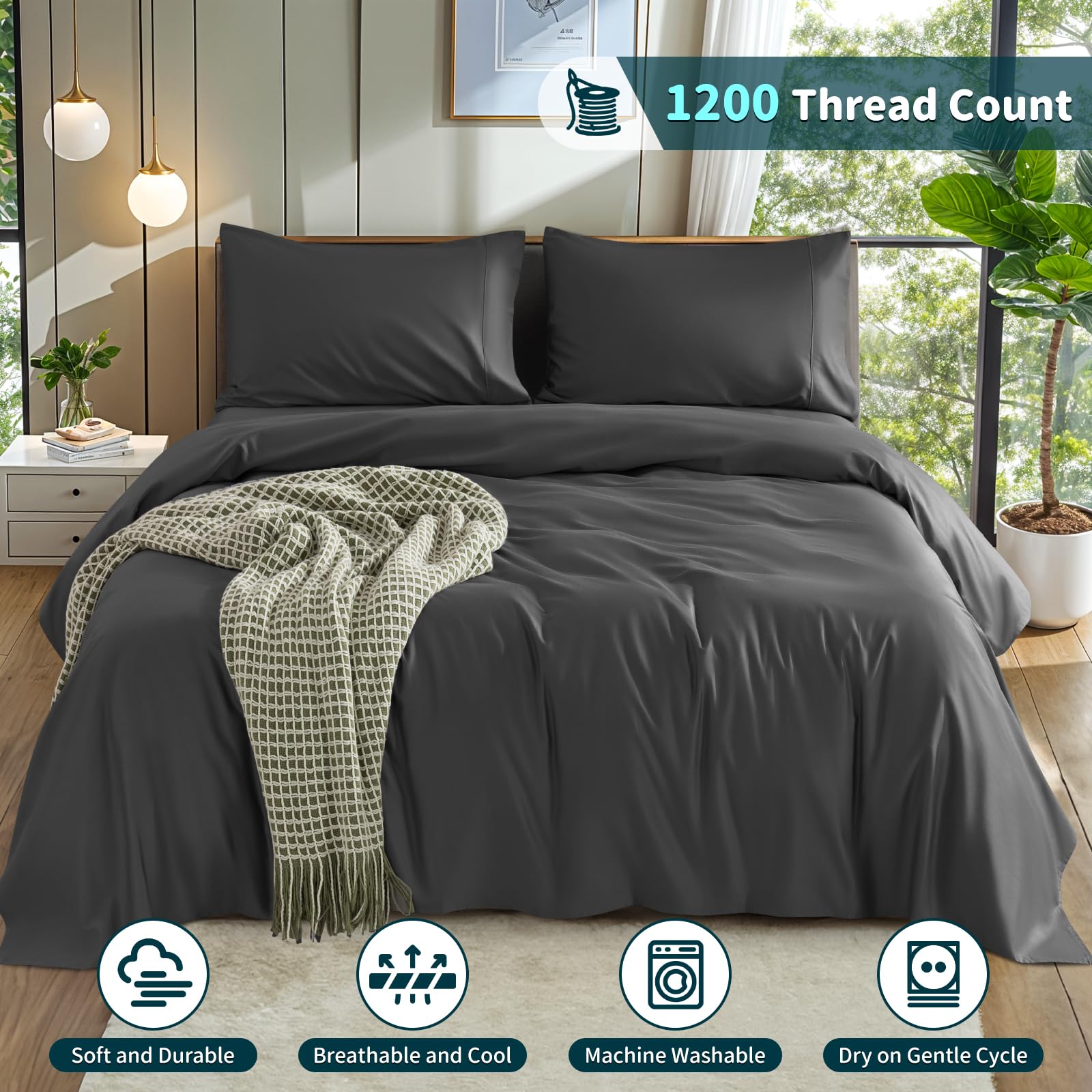 LBRO2M 100% Cotton 1200 Thread Count Full Size Sheets Set,16 inches Deep Pocket,Bed Sheet 4 Piece Sets (Black, Full)