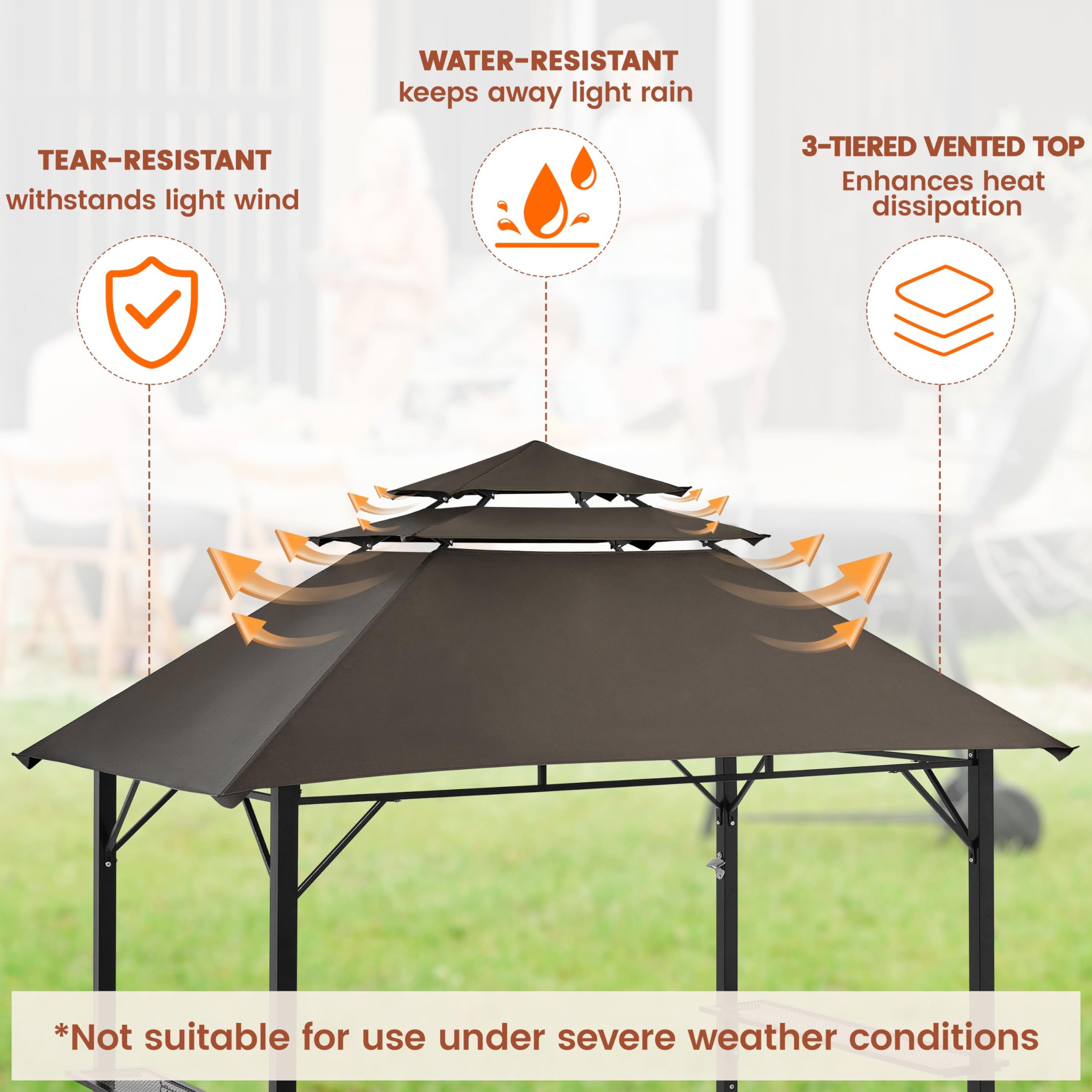 Yaheetech 8x5' Grill Gazebo, 3-Tier Outdoor BBQ Gazebo with Height-Adjustable Shelves & 10 S-Shaped Hooks & Built-in Bottle Opener, Brown