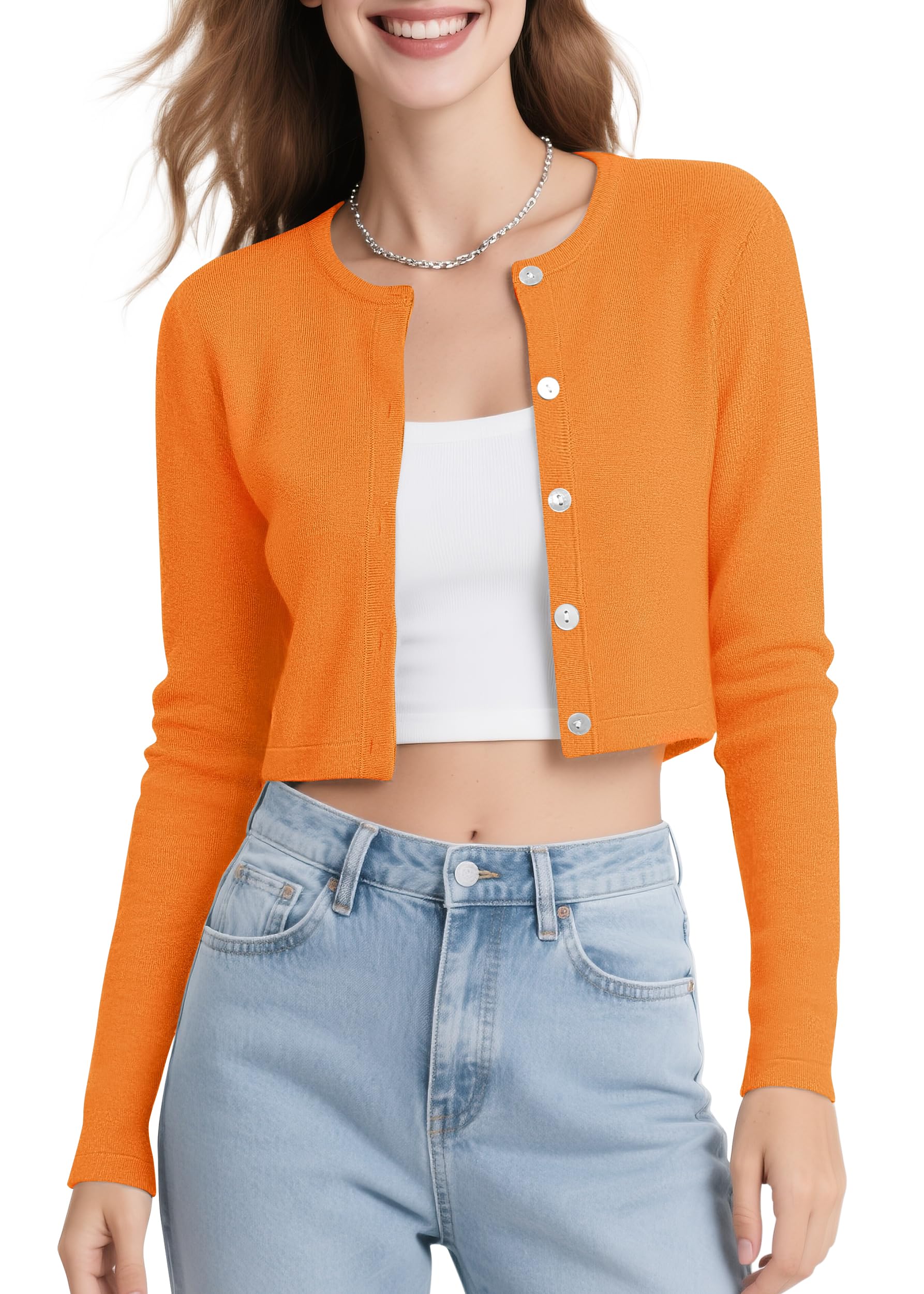 Urban CoCo Women's Long Sleeve Button Up Cropped Cardigan Sweaters for Women Crew Neck Short Bolero Shrug for Dresses