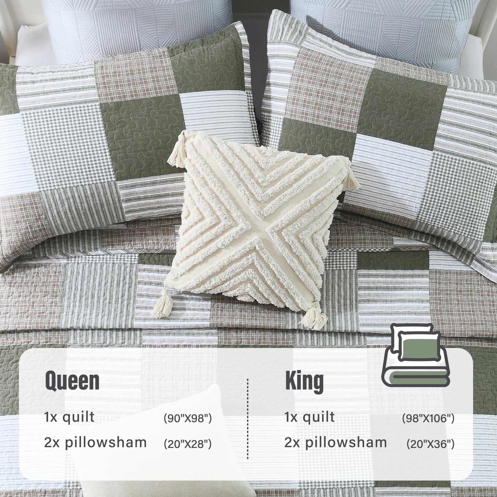 Y-PLWOMEN 100% Cotton Farmhouse Plaid Lightweight 3-Pieces Quilt Set (Blue Brown, Queen90 * 98 Inch)