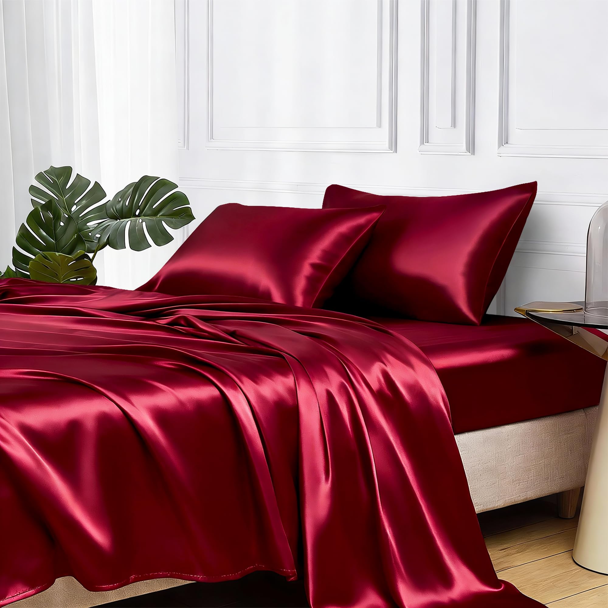MR&HM Satin Sheets with Elastic Corner Straps, Twin Size 3-Piece Silky Bedding Set, Deep Pocket 15 Inches, Good for Hair & Skin (Twin, Black)
