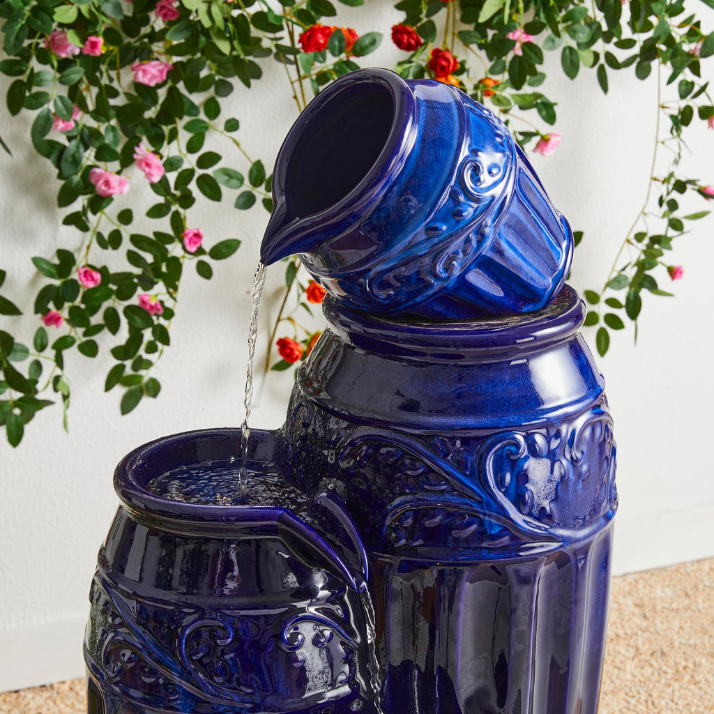 Glitzhome 27.25" H Outdoor Garden Water Fountain with LED Lights and Pump, 4 Tier Cobalt Blue Embossed Pattern Ceramic Pots Cascading Floor Standing Fountain for Porch Deck Patio Backyard Decoration