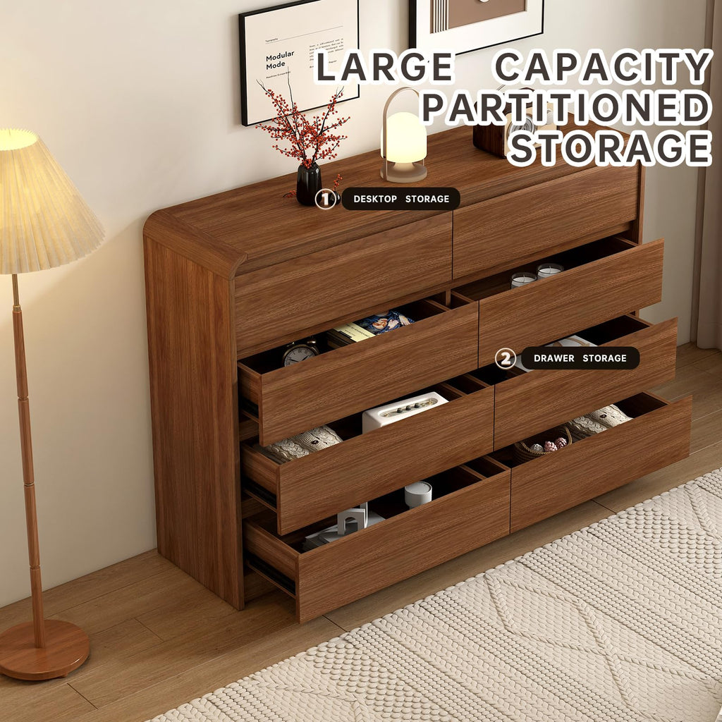 Messenya Modern 6 Drawer Dresser, 47-Inch Wood Chest of Drawers, Curved Anti-Collision Design, Mid-Century Storage Cabinet, Pre-Embedded Slots, for Bedroom, Living Room, TV Stand, Nursery