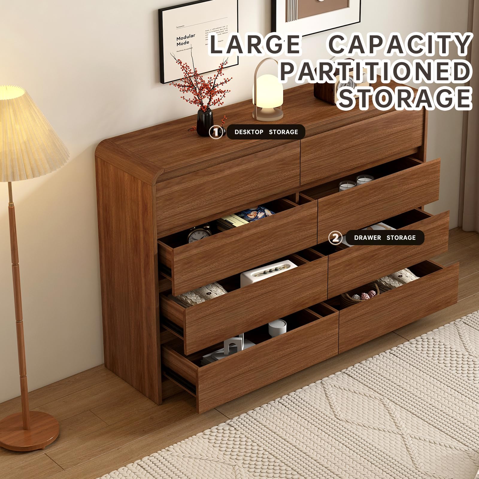 Messenya Modern 6 Drawer Dresser, 47-Inch Wood Chest of Drawers, Curved Anti-Collision Design, Mid-Century Storage Cabinet, Pre-Embedded Slots, for Bedroom, Living Room, TV Stand, Nursery