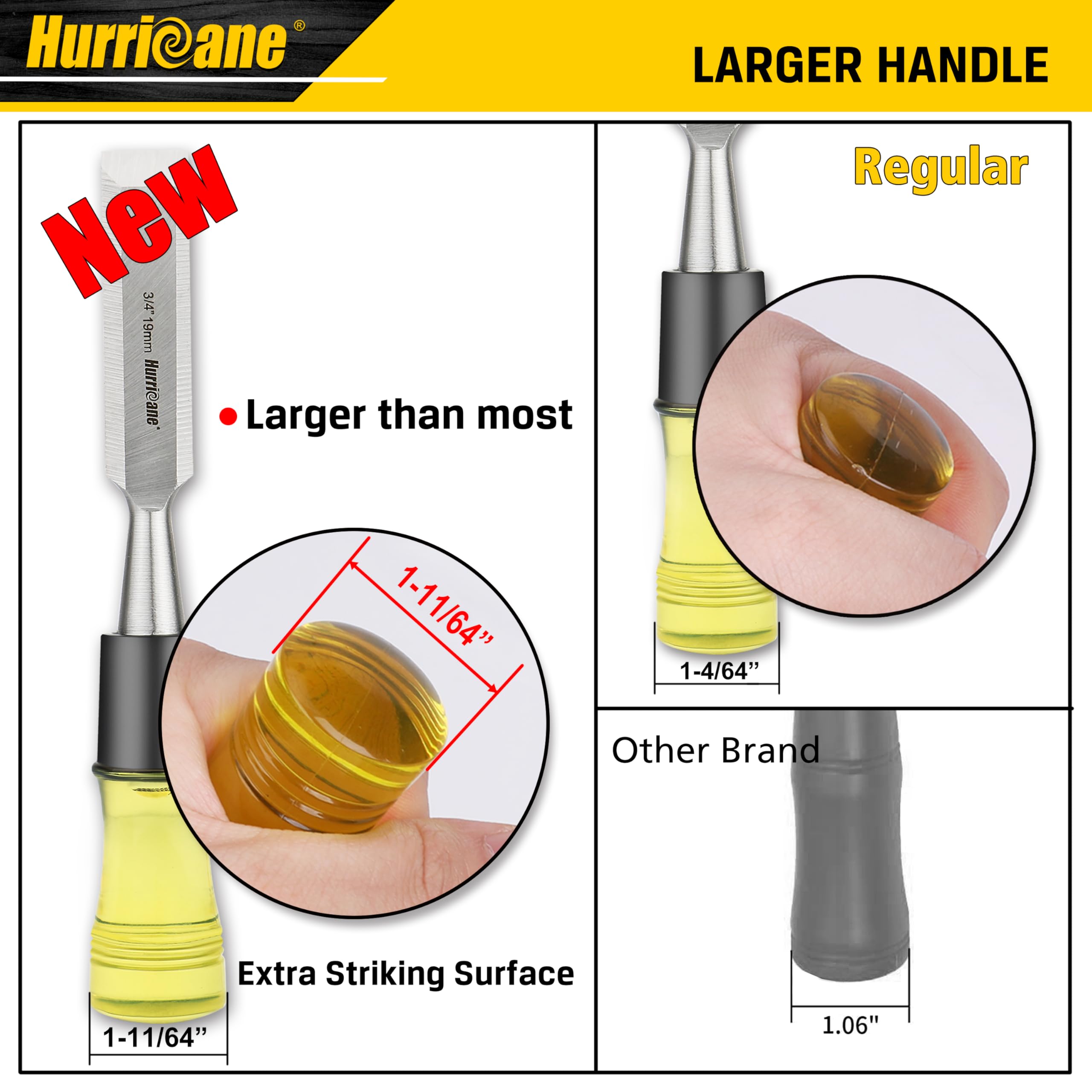 HURRICANE 4 Piece Wood Chisel Set for Woodworking. CR-V Steel Beveled Edge Blades with Safety Caps. Extra Large Grip, Impact-Resistant PVC Handle Chisels (1/4", 1/2", 3/4", 1")