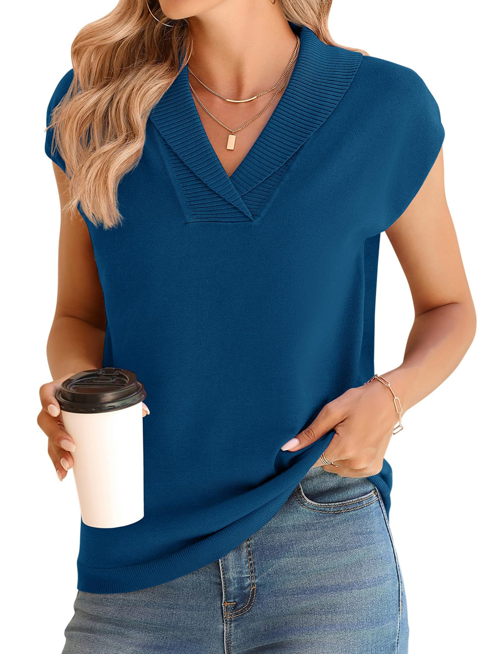 Ivicoer Sweater Vest Women V-Neck Knitted Pullover Short Cap Sleeve Collared Tops Dressy Casual 2025 Summer Fashion Trendy