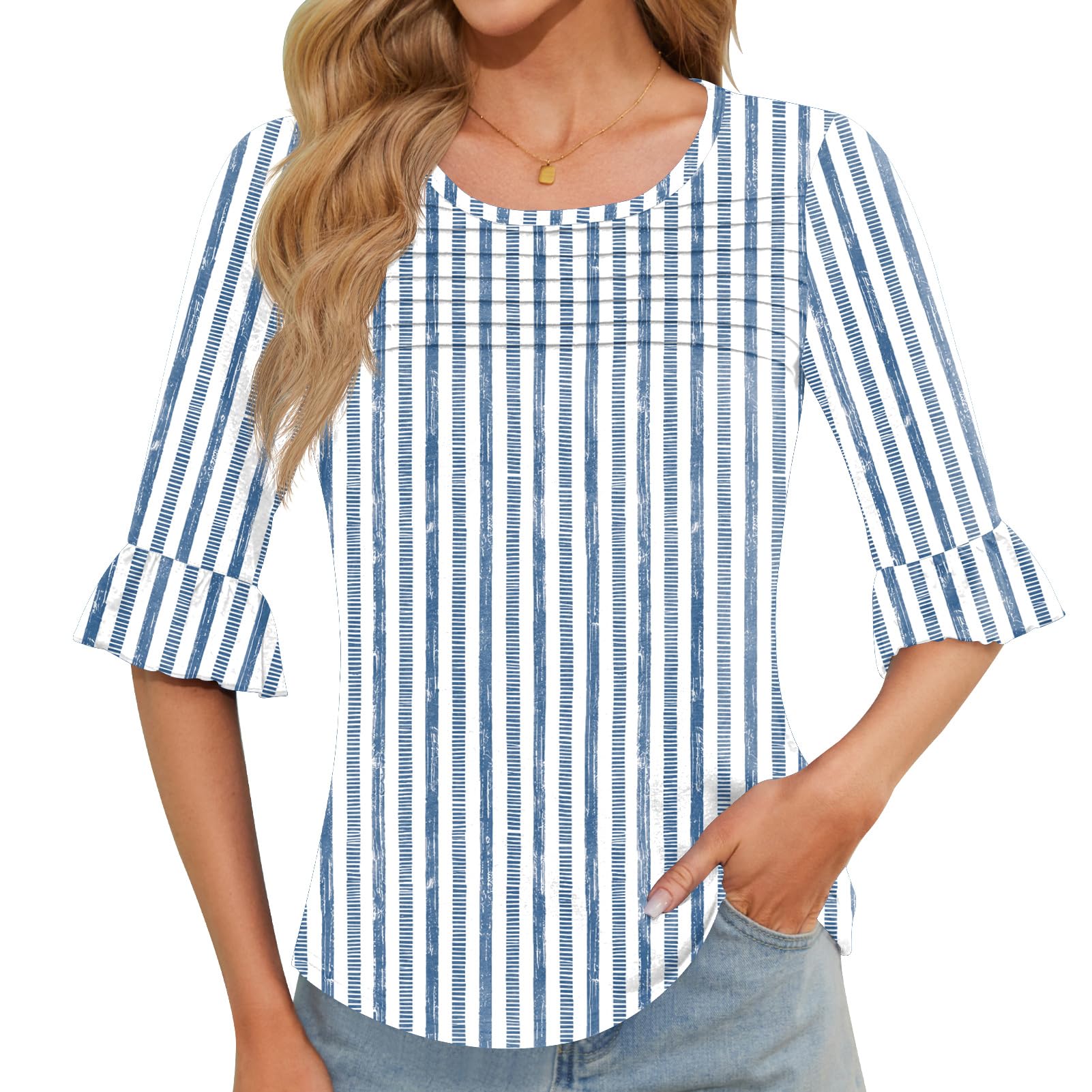 Blingfit Womens Tops 3/4 Length Sleeve Dressy Casual Shirts Bell Sleeve Front Pleated Fasion Trendy Summer Blouses 2026