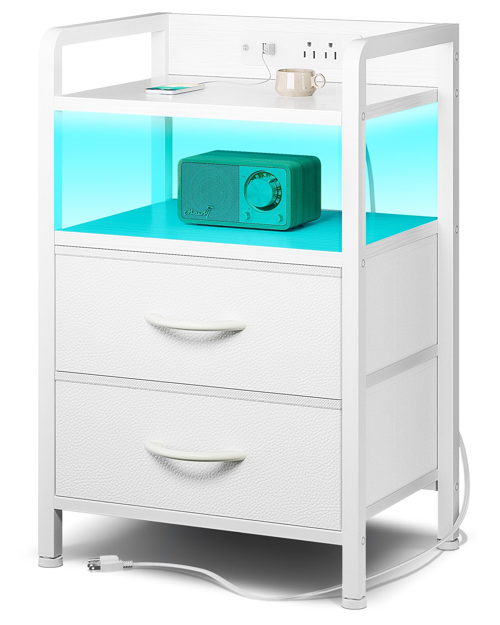 Lazzanto Night Stand Bedside Charger Bedroom - Nightstand with Charging Station & LED Light Strip, Night Stand with Storage Shelf & 2 Fabric Drawers, Morden End Table with U-S-B Ports & AC Outlets