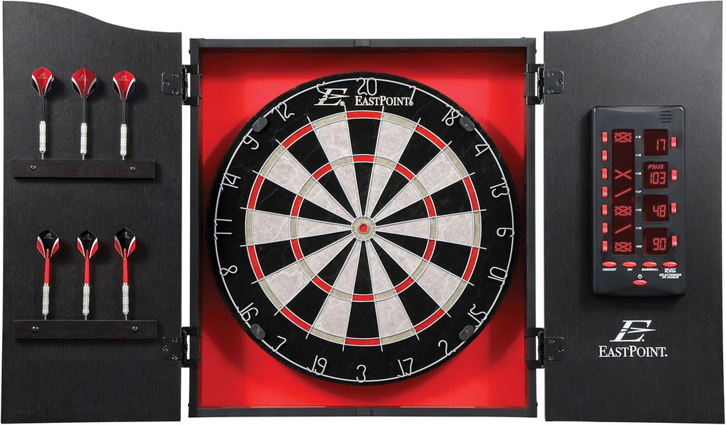 EastPoint Tournament Bristle Dartboard - 18-Inch, Red/Black - Self-Healing Sisal & Steel Tip Darts - Deluxe LED Scoring System for Electronic Dart Board - Easy-Mount Cabinet for Game Room Decor