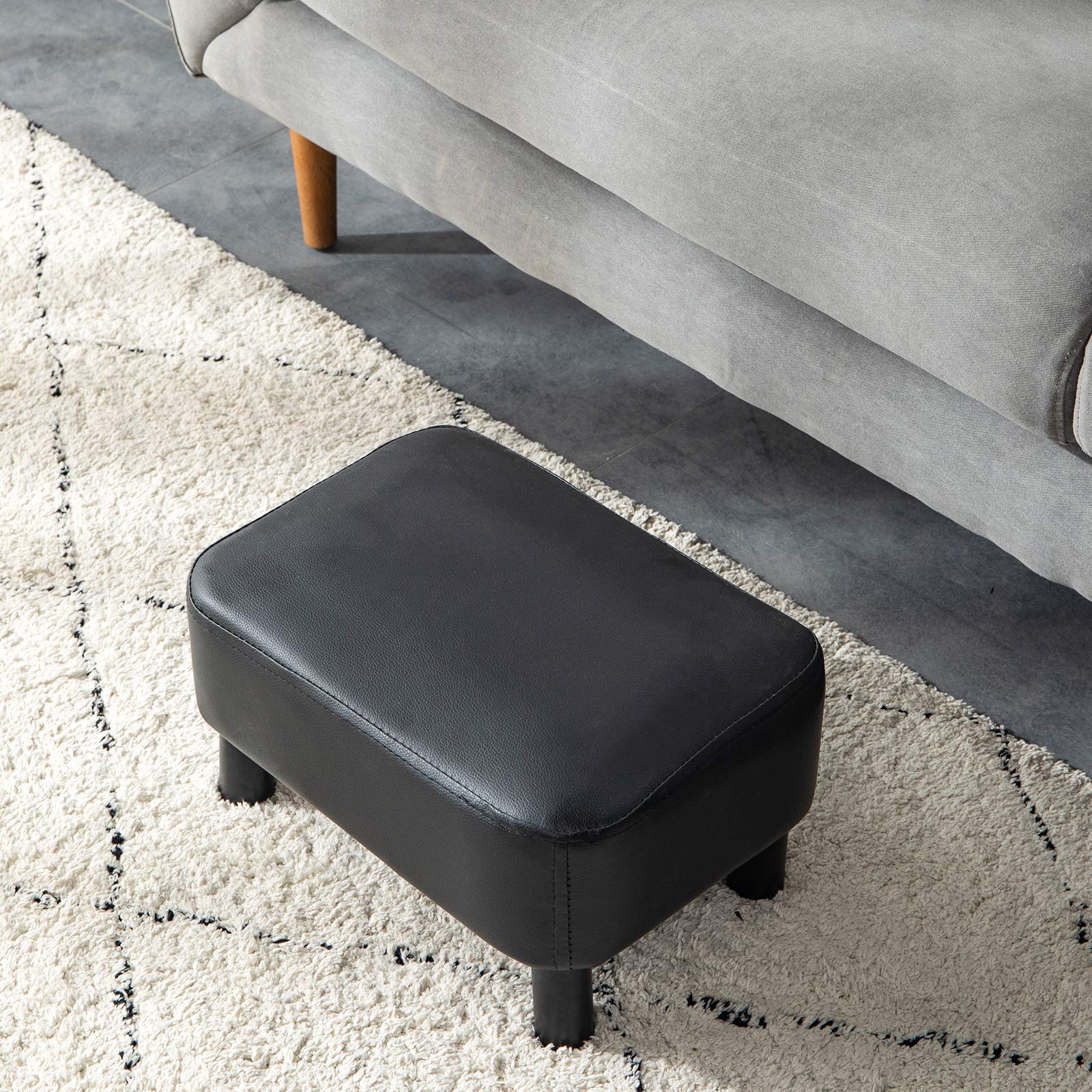 IBUYKE 16.54" Small Footstool, PU Faux Leather Step Stool, with Padded Seat Pine Wood Legs and Padded Rectangular Stool, for Bedroom, Black RF-BD210