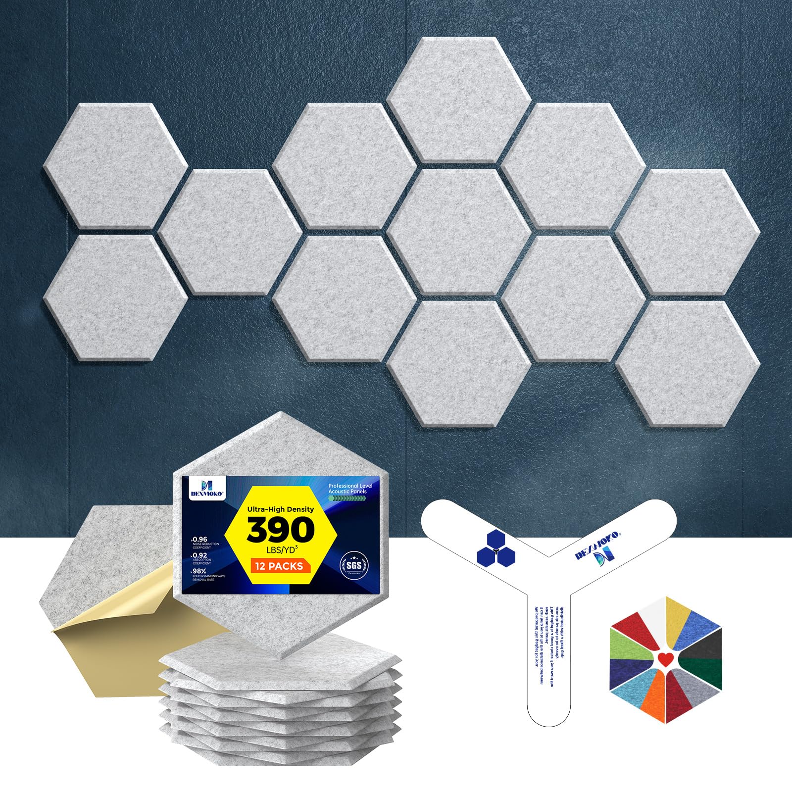 Self-Adhesive Acoustic Panels [390 lbs/yd³ Ultra-High Density], 2nd Generation Sound Absorbing Panel, Professional Level Sound Panel, Polyester Soundproof Foam [Medium Hexagon, Beige]