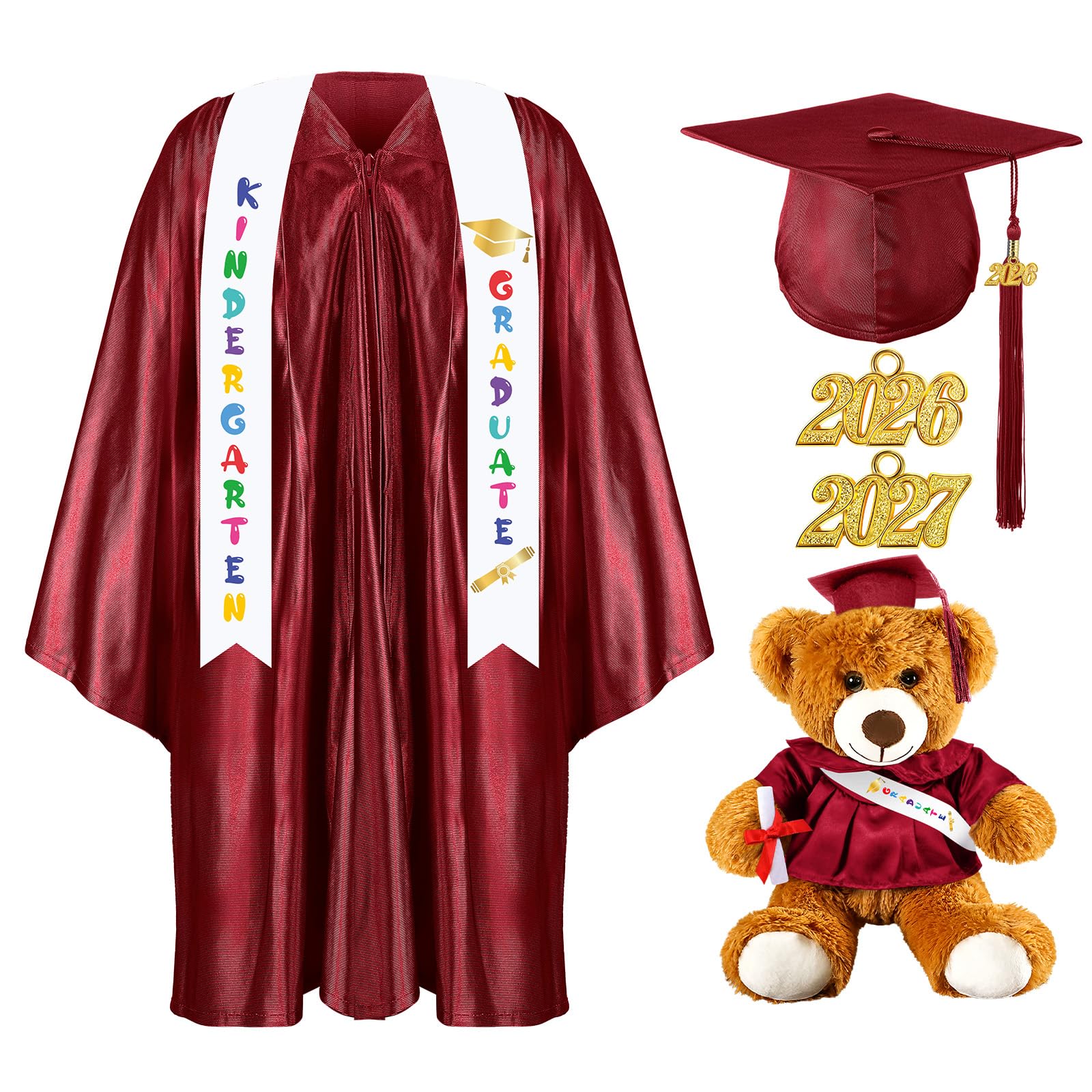 Sintuff 7 Pcs Kindergarten Preschool Graduation Cap and Gown with Bear Gifts 2026 Grad Stole Tassel Sash for Toddler Kids