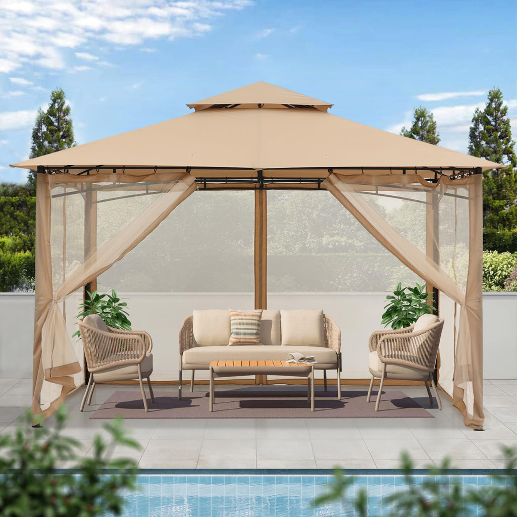MASTERCANOPY Outdoor Garden Gazebo for Patios with Stable Steel Frame and Netting Walls (9x9,Beige)
