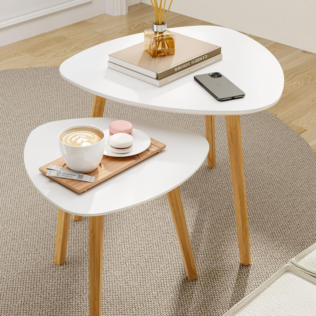 BAMEOS Monstera Leaf Nesting Tables Set of 2, Small Side Tables f Set with Leaf Vein Pattern, Modern Wooden CoffeeTables for Living Room Bedroom Apartment Balcony Yard