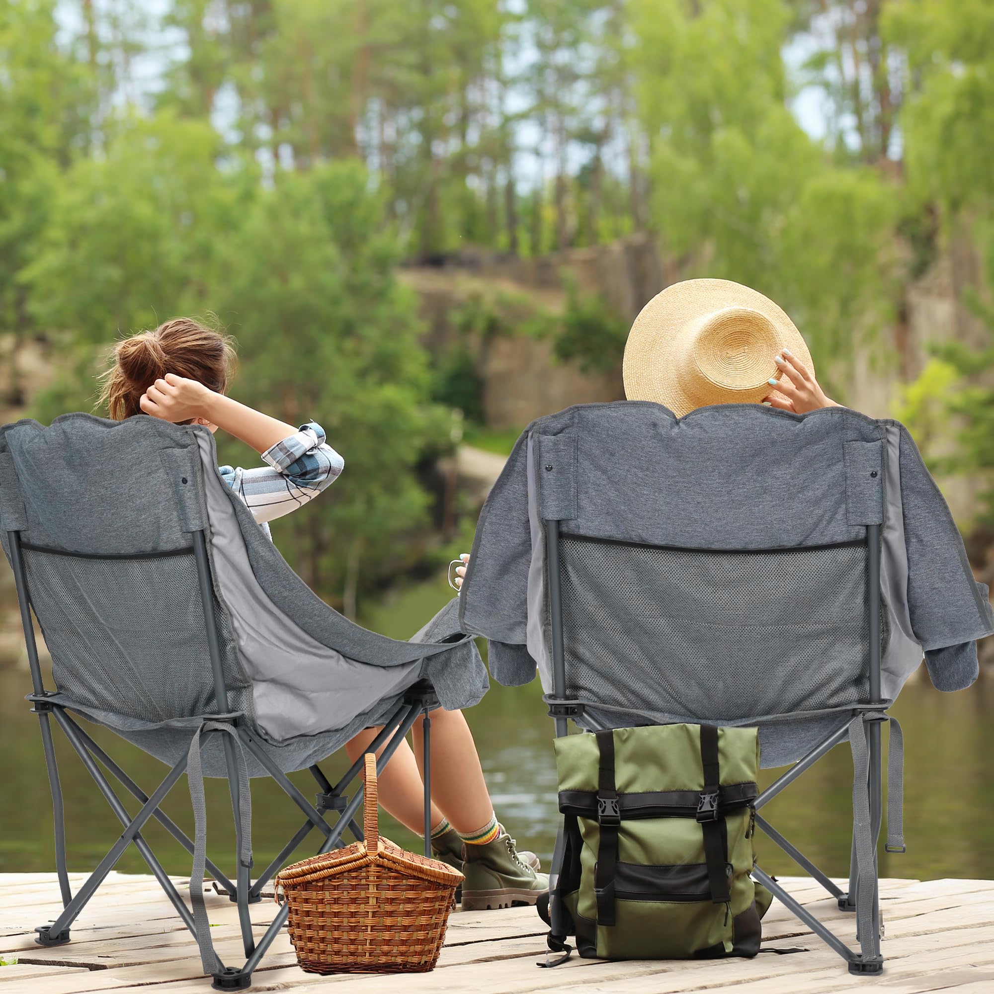 Double Camping Chair Heavy Duty Oversized Padded Loveseat for Adults 2 Person Outdoor Portable Camping Chairs for Lawn, Backyard, Fishing, Trip, Support 600lbs, Grey
